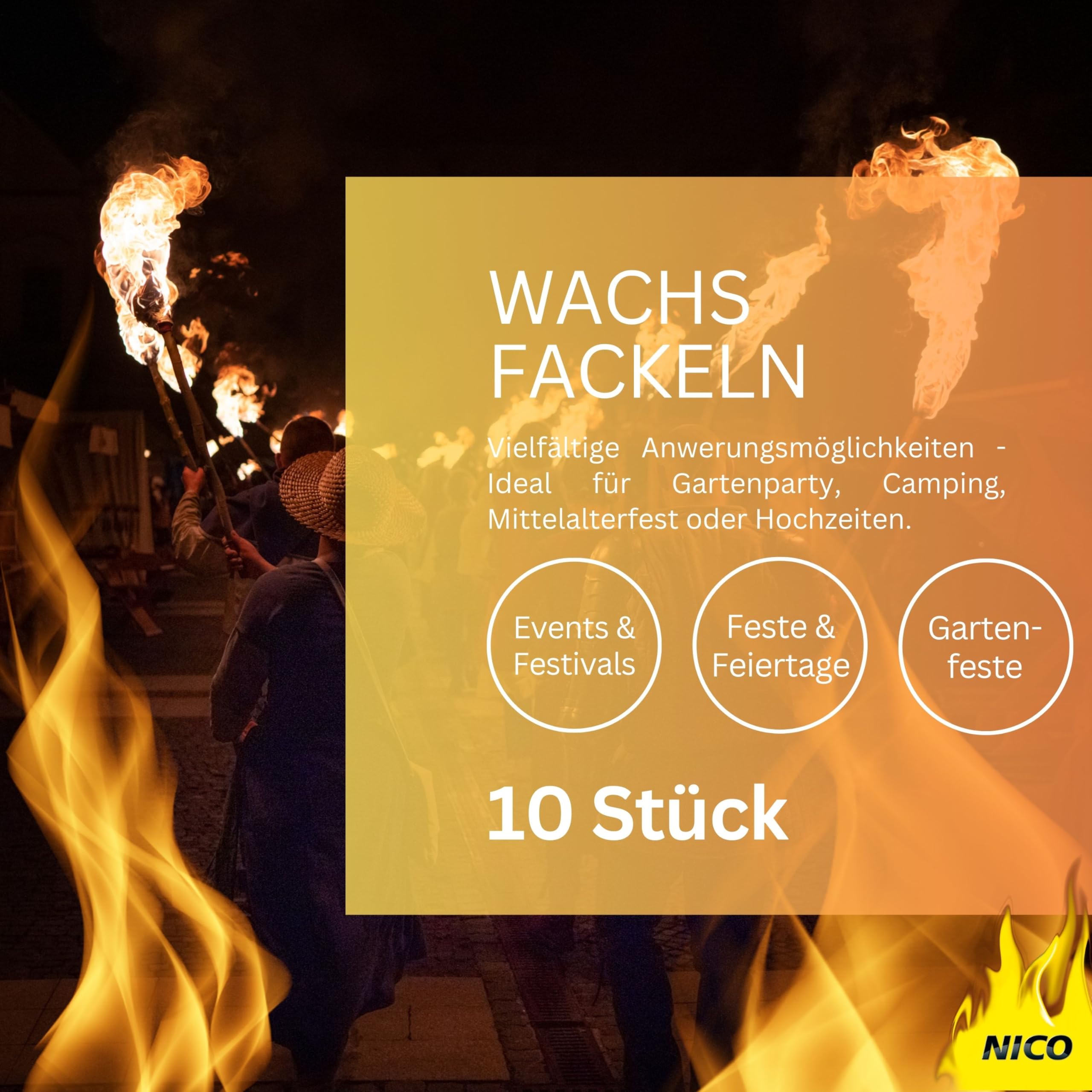10 Stück Wachsfackeln, Brenndauer 60 Min. I hochwertige Fackeln aus Wachs mit Handschutz I Garten-Fackel für Outdoor Party, Event, Nacht-Wanderung