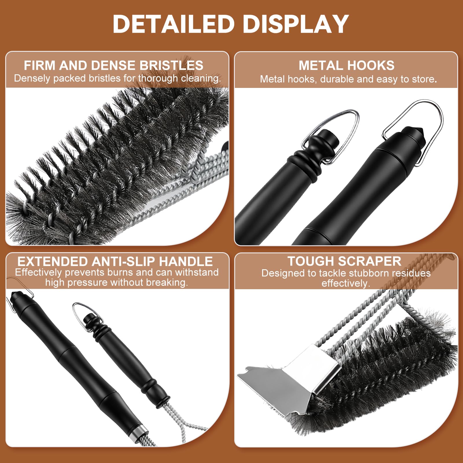 2 cepillos para parrilla con raspador, cepillo de limpieza para parrilla, accesorios para parrilla de carbón de gas
