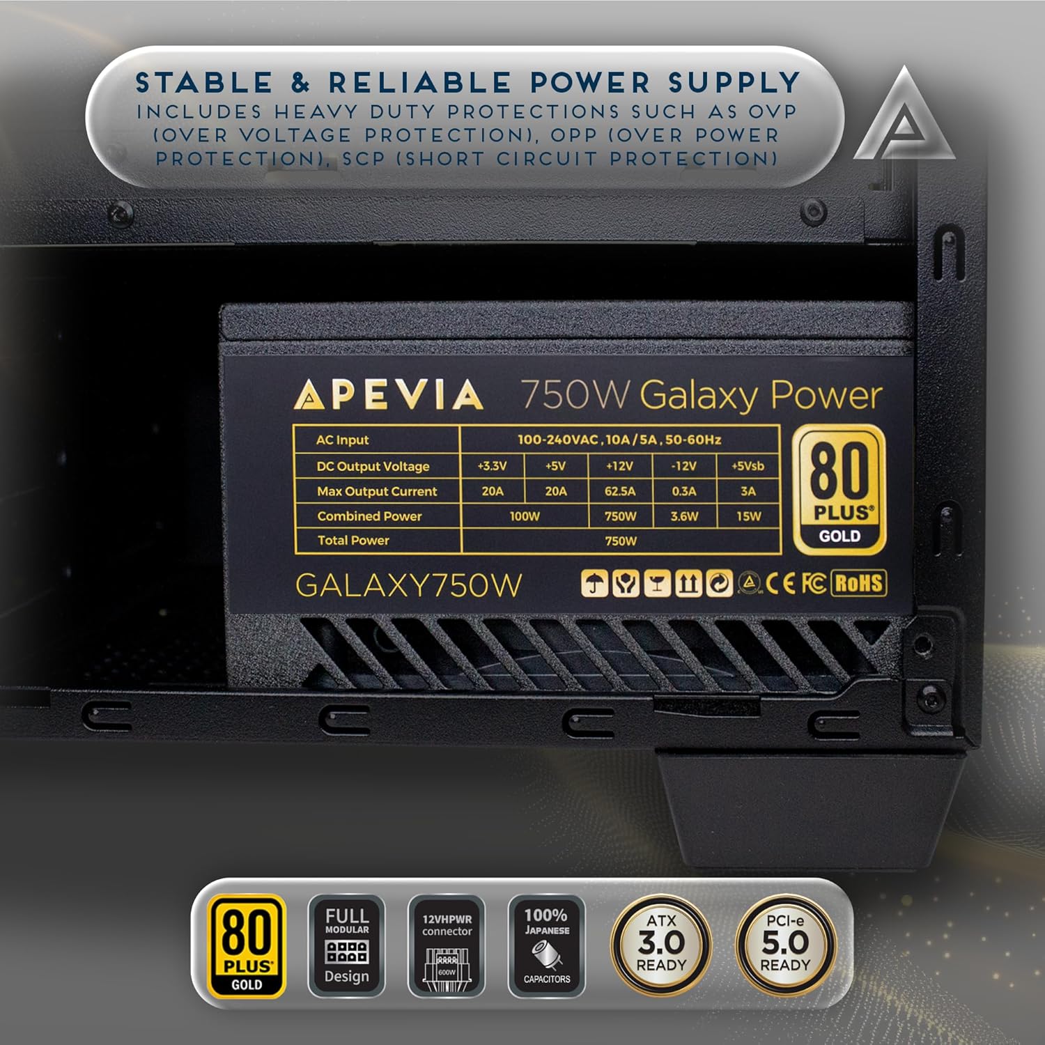 Apevia Galaxy 750W 80+ Gold ATX 3.1 Fully Modular Gaming Power Supply, PCIe 5.1 Ready 16-Pin 12VHPWR PSU, 100% Japanese Capacitors, Silent 135mm FDB Fan, Stable +12V Rail for RTX 40/50 Series
