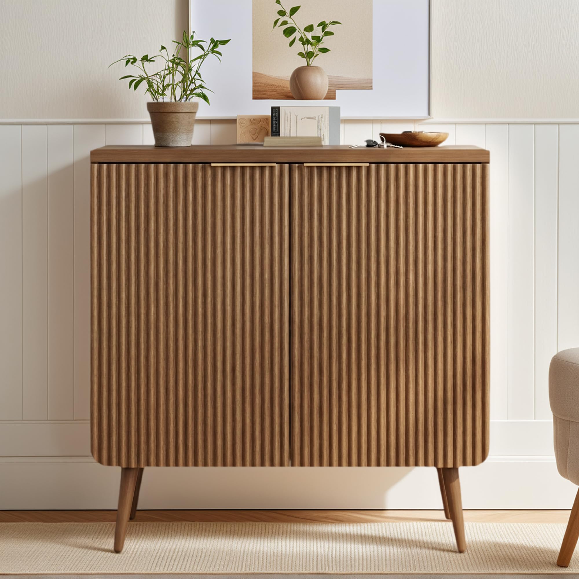 Trygoal Natural Wood 29.5" Modern Fluted Sideboard – 2-Door Buffet Cabinet with Adjustable Shelves, Multi-Space Storage Credenza for Living Room,