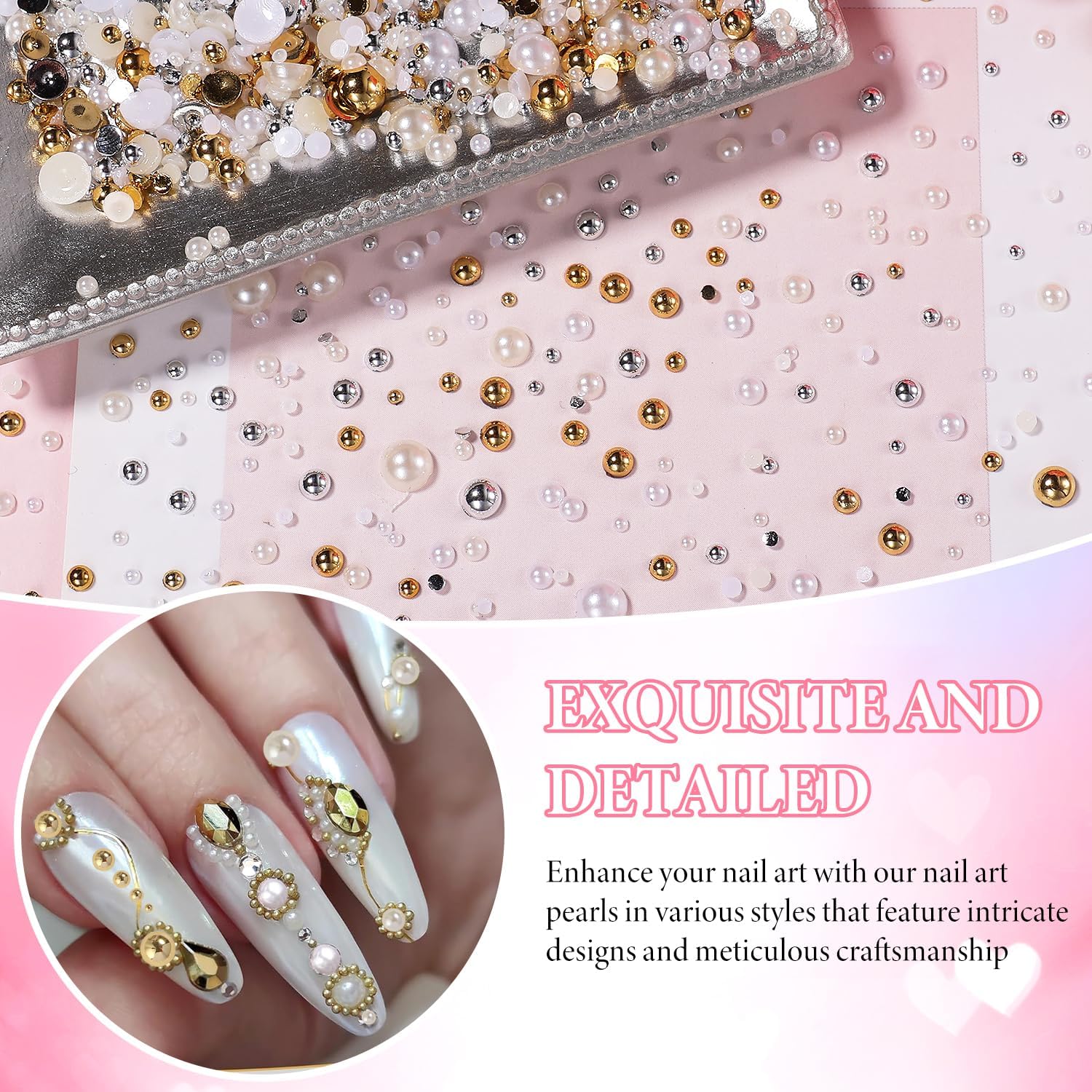 2 Boxes Flatback Pearls for Nail, Gold Silver Nail Beads for Nail Art, Mixed Sizes White Beige Half Pearl Nails Charms Gems, ABS Round Plastic Beads Accessories for Acrylic Nails Manicure Decor - Image 5