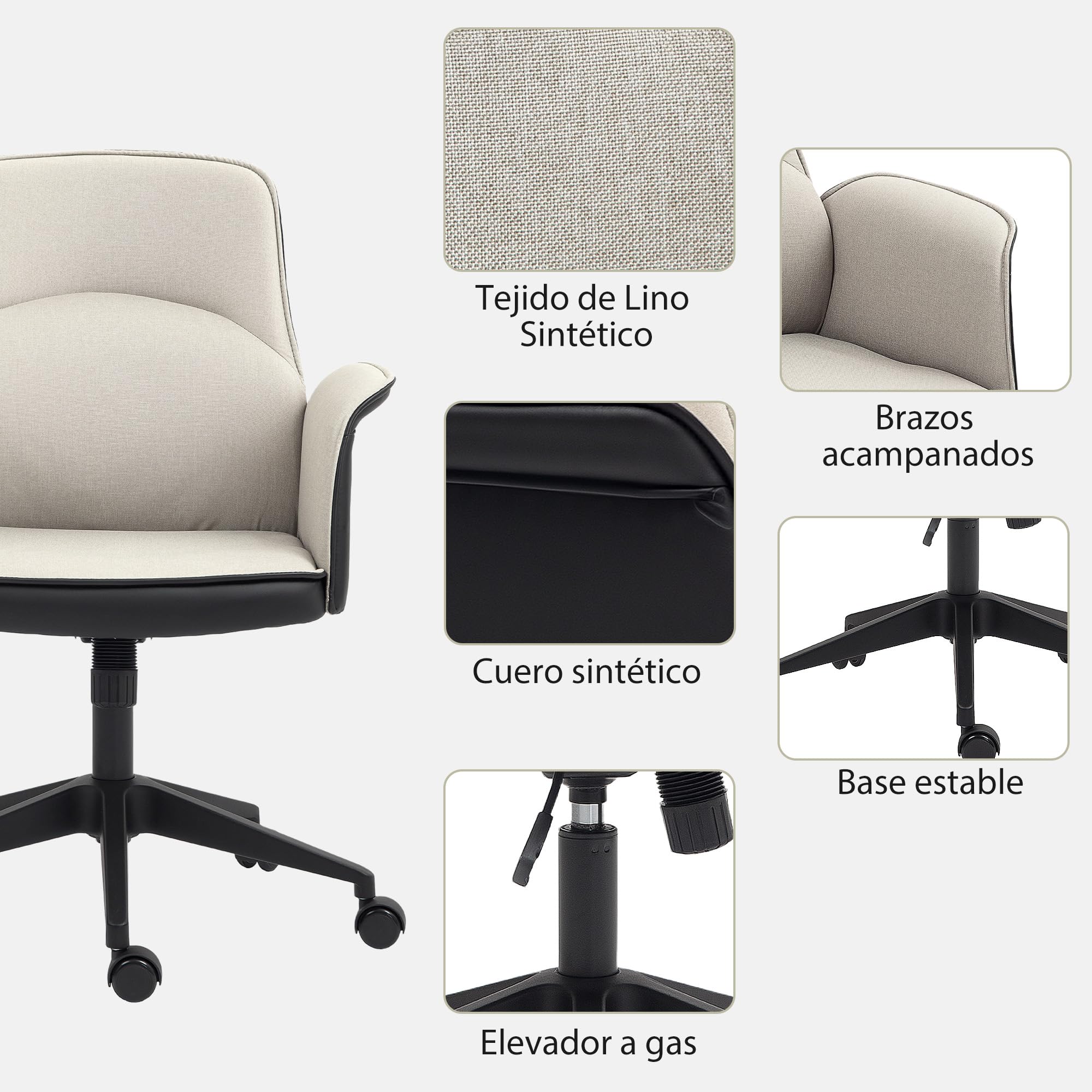 HOMCOM Silla de Oficina Basculante Silla de Escritorio Giratoria Tapizada en PU y Lino Altura Ajustable Reposabrazos Silla de Estudio Carga 120 kg Beige y Negro