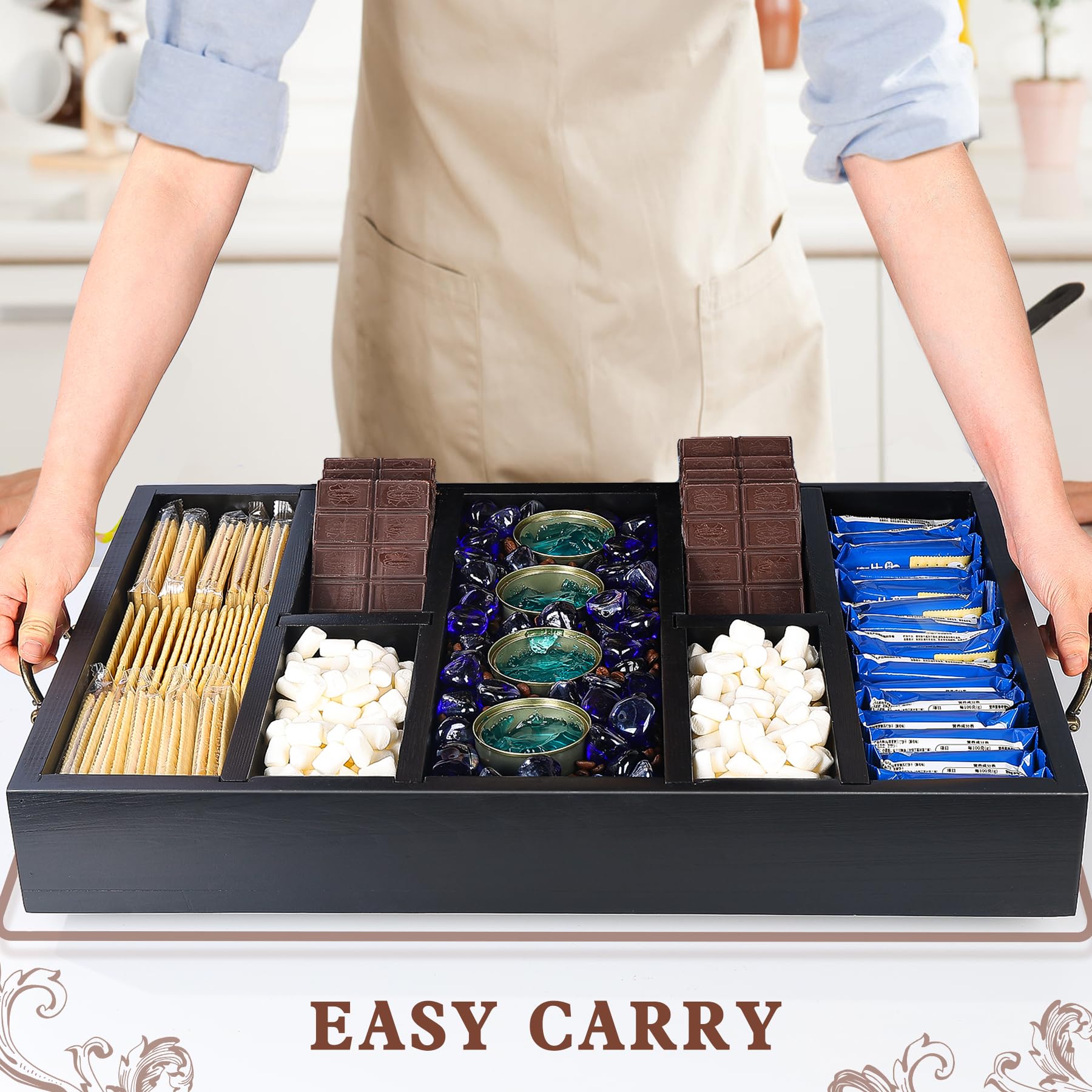 GKOKG S'Mores Station,Large Farmhouse S'mores Bar Holder with Handles, 22.8"x15"x3.5" Wooden Smores Organizer, Smores Caddy Box for Fire Pit(Black)