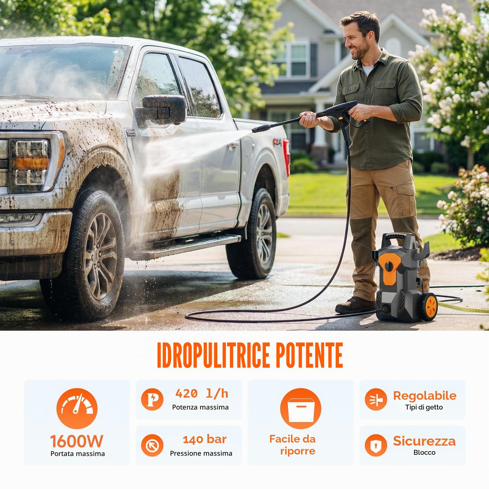 Idropulitrice Alta Pressione, 1600W, Pressione max.140 bar, 420 l/h, Tubo Flessibile da 8M Cavo da 2M, con Ugello Regolabile Pistola et Avvolgitubo integrato, per Casa, Giardino e Auto, Irrigazione