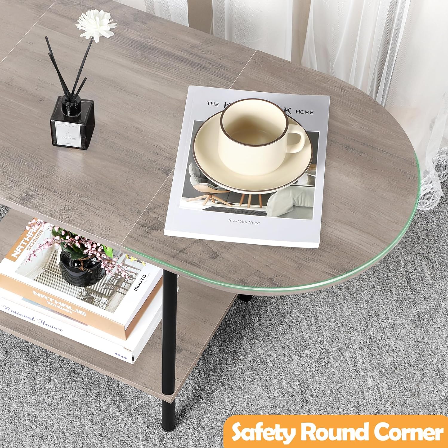 Shinoske Coffee Tables for Living Room,2-Tier Small Oval Center Table Industrial Modern Style Coffee Tables with Storage Shelf and Wood Tabletop for Small Space,Home Office,Rustic Grey