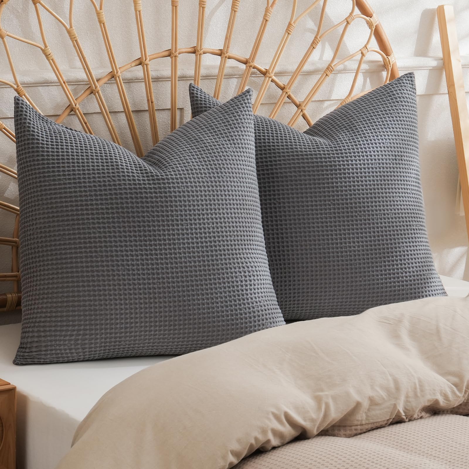 phf 100% cotton waffle weave throw pillow cover, 18" x 18", no filling, 2 pack elegant home decorative square throw pillow covers for bed couch sofa, white