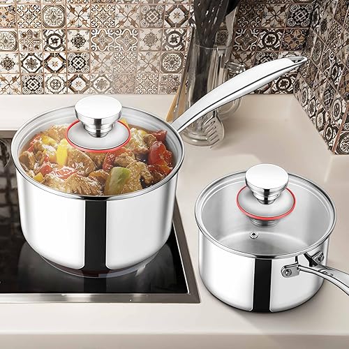 Miniatura 6 de TeamFar Cacerola de 1 cuarto y 3 cuartos de galón con tapa, olla de cocina pequeña de acero inoxidable de tres capas con mango ergonómico, para