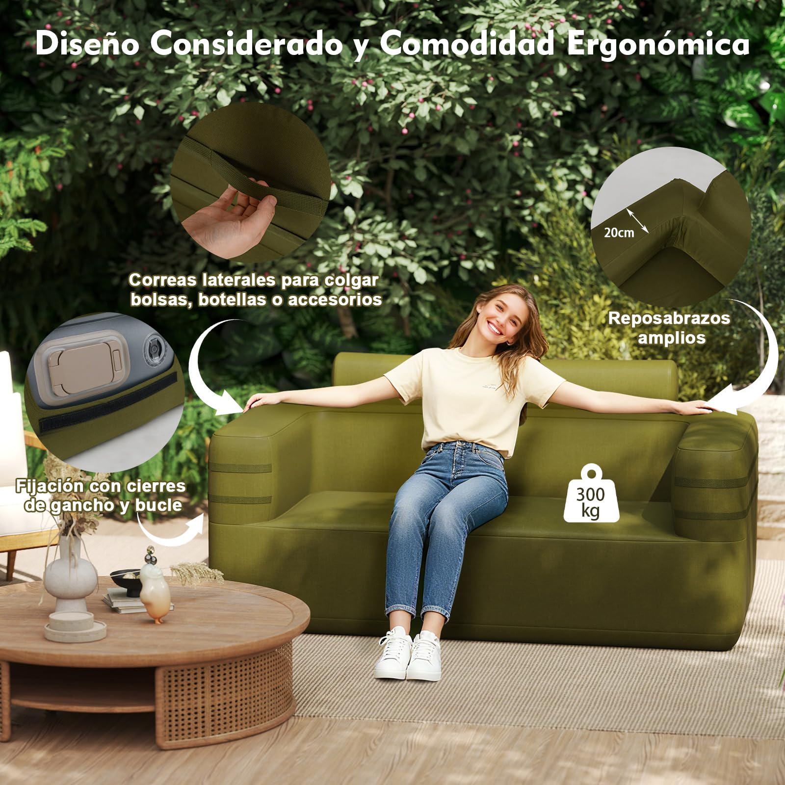 COSTWAY Sofá Inflable para Exteriores, Sillón de Aire Hinchable Multifuncional con Bomba Incorporada y Bolsa de Transporte, Banco de 2 Plazas Hinchable Portátil, para Camping Patio Trasero, Verde