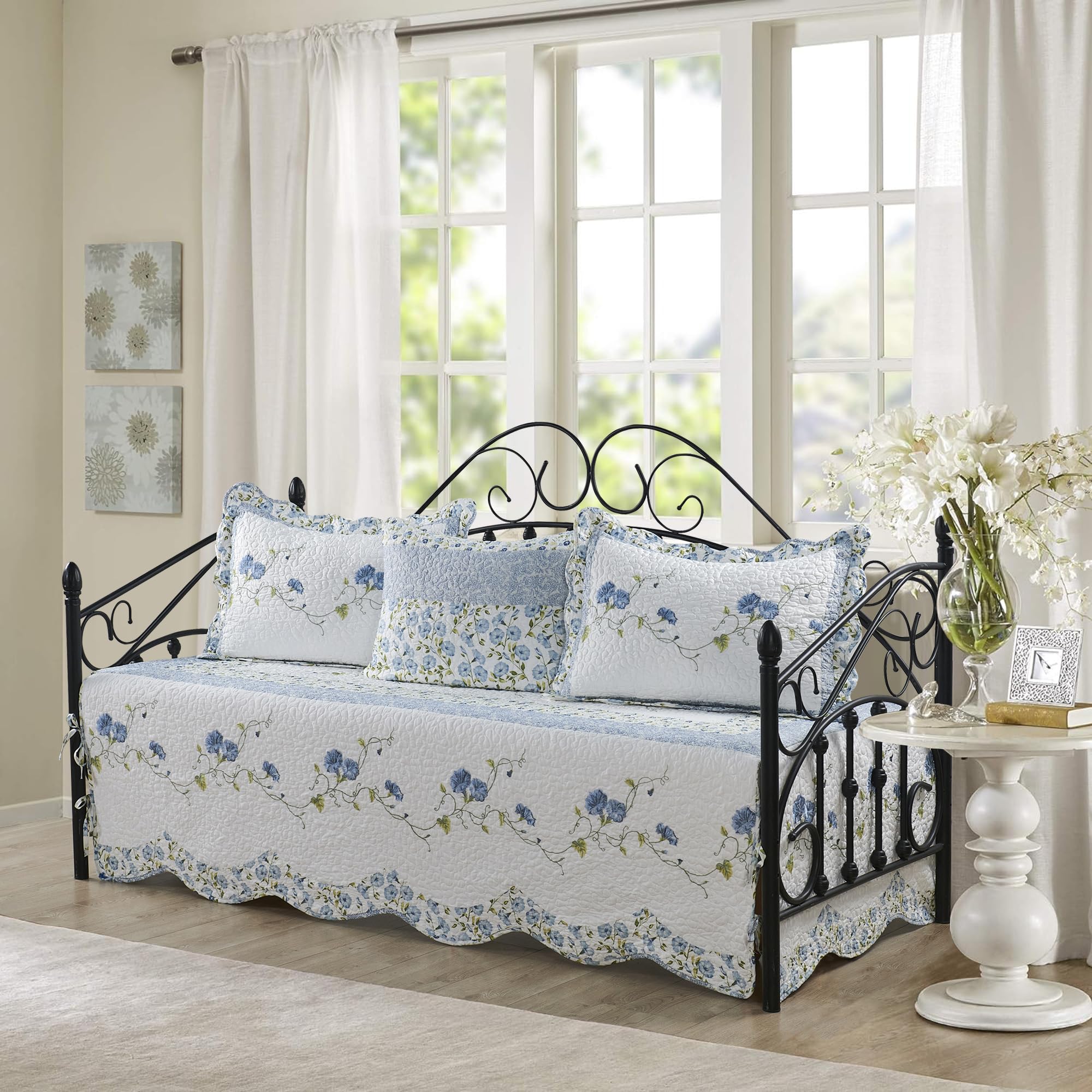 Home Soft Things 4 Piece Quilted Embroidery Daybed Bedding Cover Set, Julie Blue