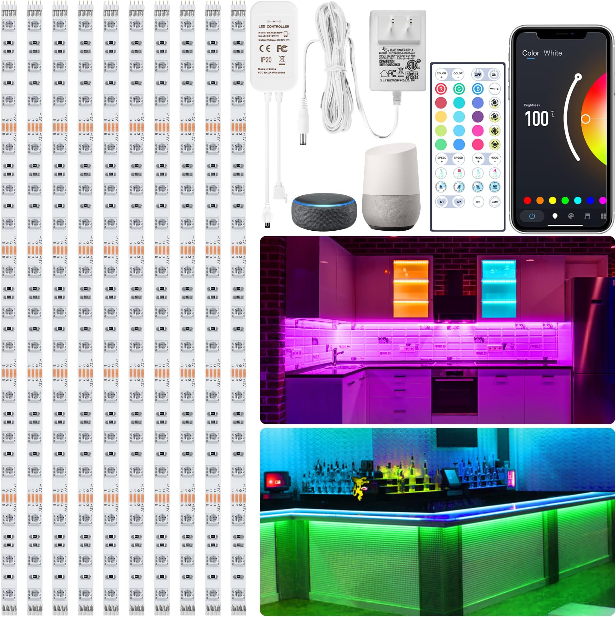 maylit 10 PCS 20In Smart RGB Under Cabinet Lights Kit, Work with Alexa and Google Assistant, App and Remote Control, Music Sync Color Changing, Timer, Dimmable, for Cabinet, Counter, Shelf, Bookcase