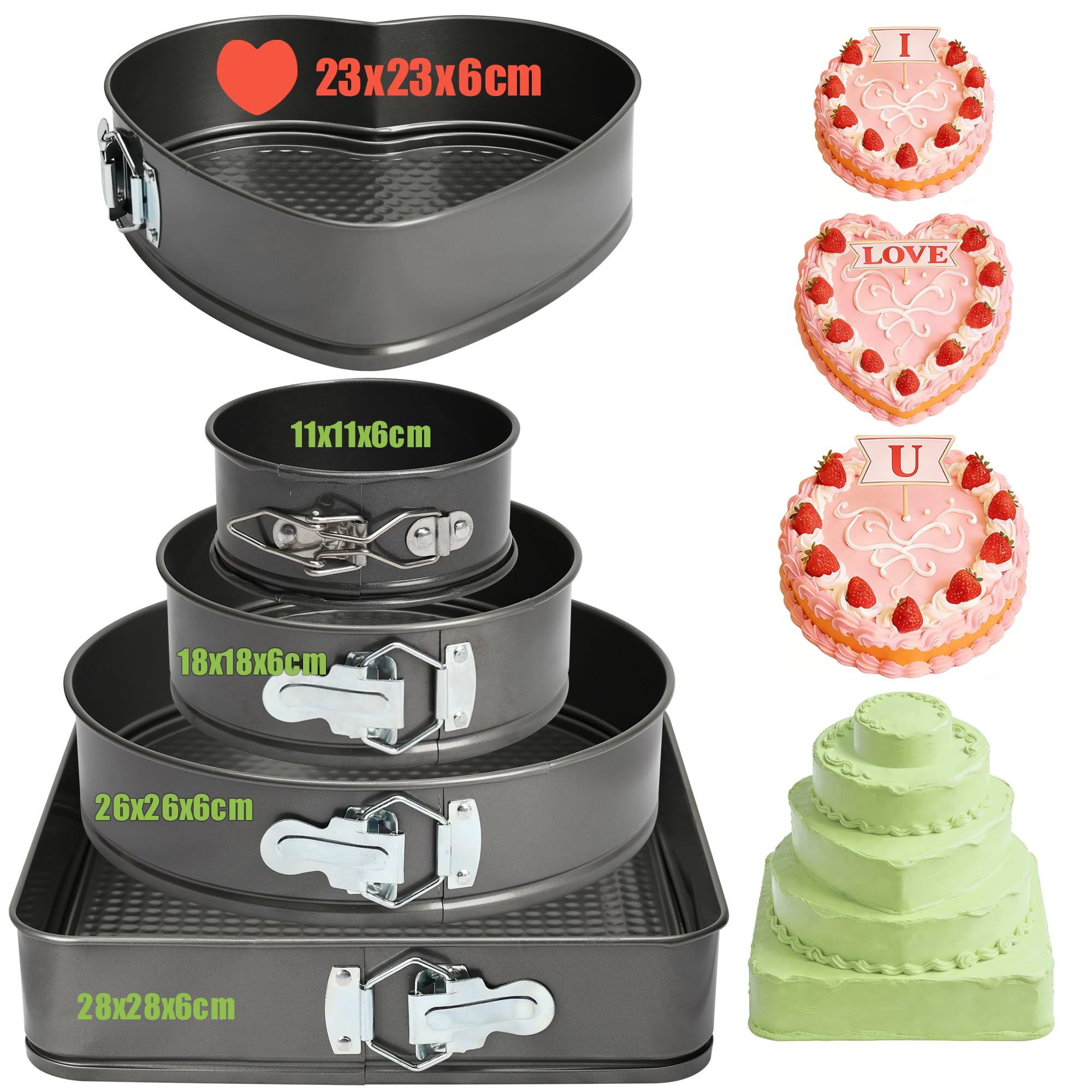 5 Springform Set, Kuchenbackform Ø 28/26/24/18/11 cm, Runde, Quadratische und Herzförmige Kuchenbackform, Abnehmbarer Flachboden, Antihaftbeschichtet, Zum Backen Verschiedener Kuchen