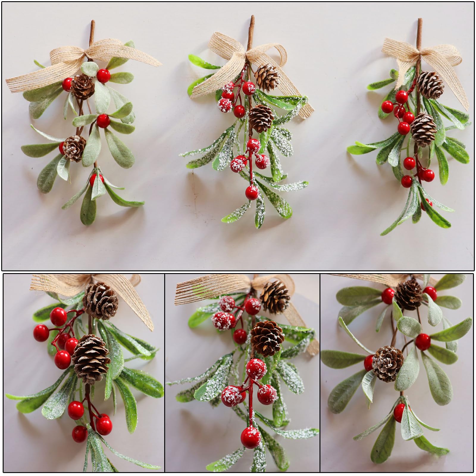 Confezione 3 Rami Di Vischio Natalizio Artificiale Con Bacche Rosse E Pigne - Decorazione Fai Da Te Per Casa, Porte E Finestre - Crea L'Atmosfera Delle Feste - 2