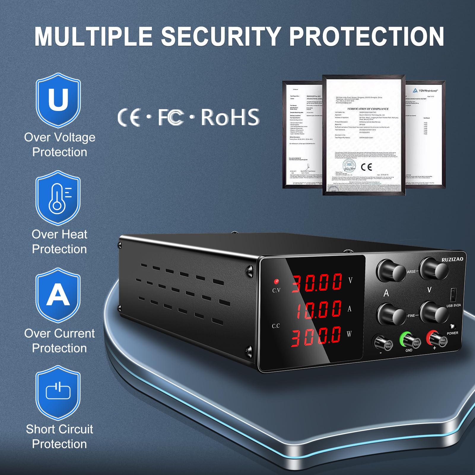 Labornetzgerät Regelbar Labornetzteil 30V 10A Variablen Schaltnetzteil Geregeltes Hochpräzises 4-stelliges LED-Display 5V/2A USB-Anschluss Labor DC-Stromversorgungen (Schwarz)