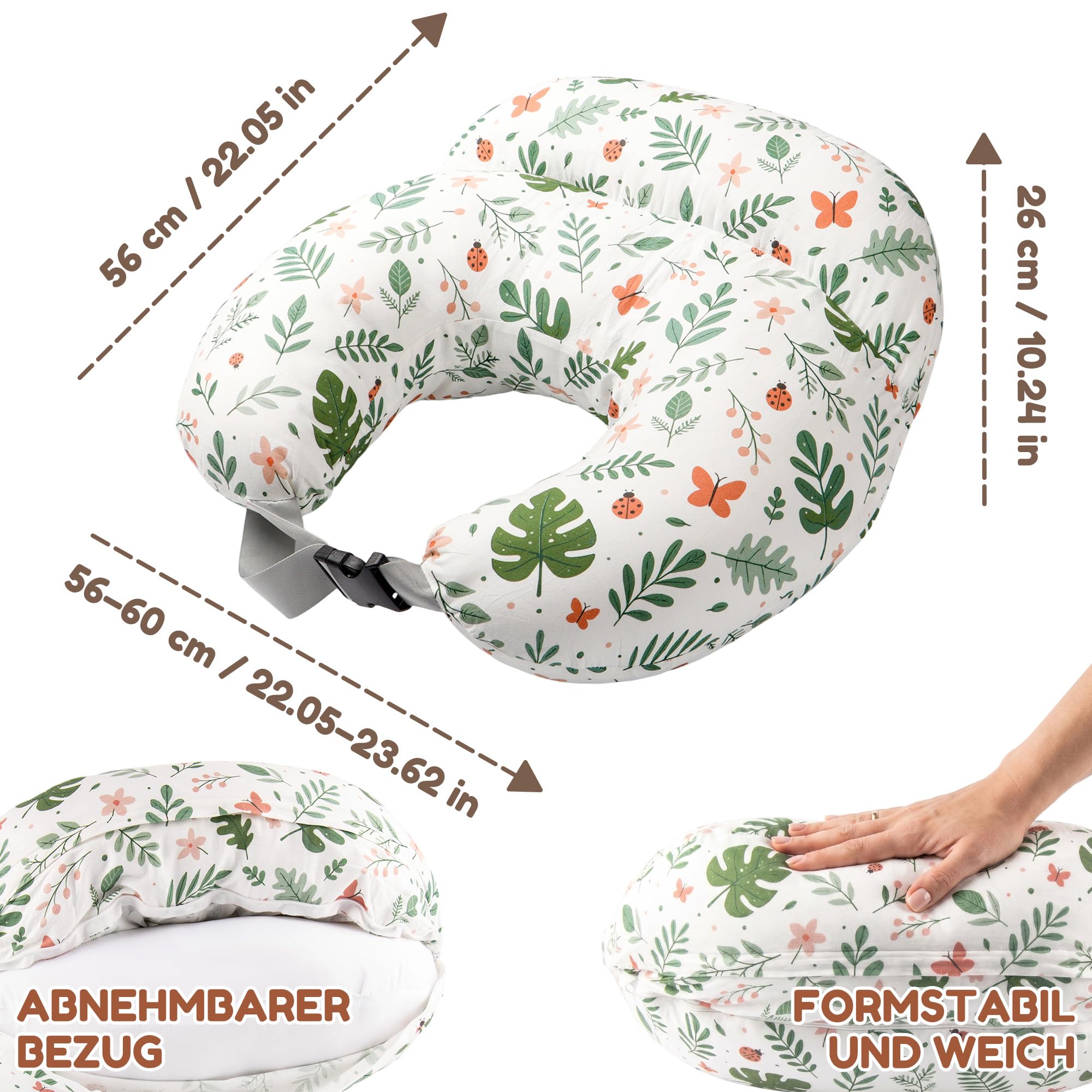Ergonomisches Stillkissen mit erhöhtem Schutzrand, Stillkissen mit abnehmbarem und waschbarem Bezug, Verstellbarer Hüftgurt, Für Verschiedene Körpergrößen und -Formen, Dunkelgrün