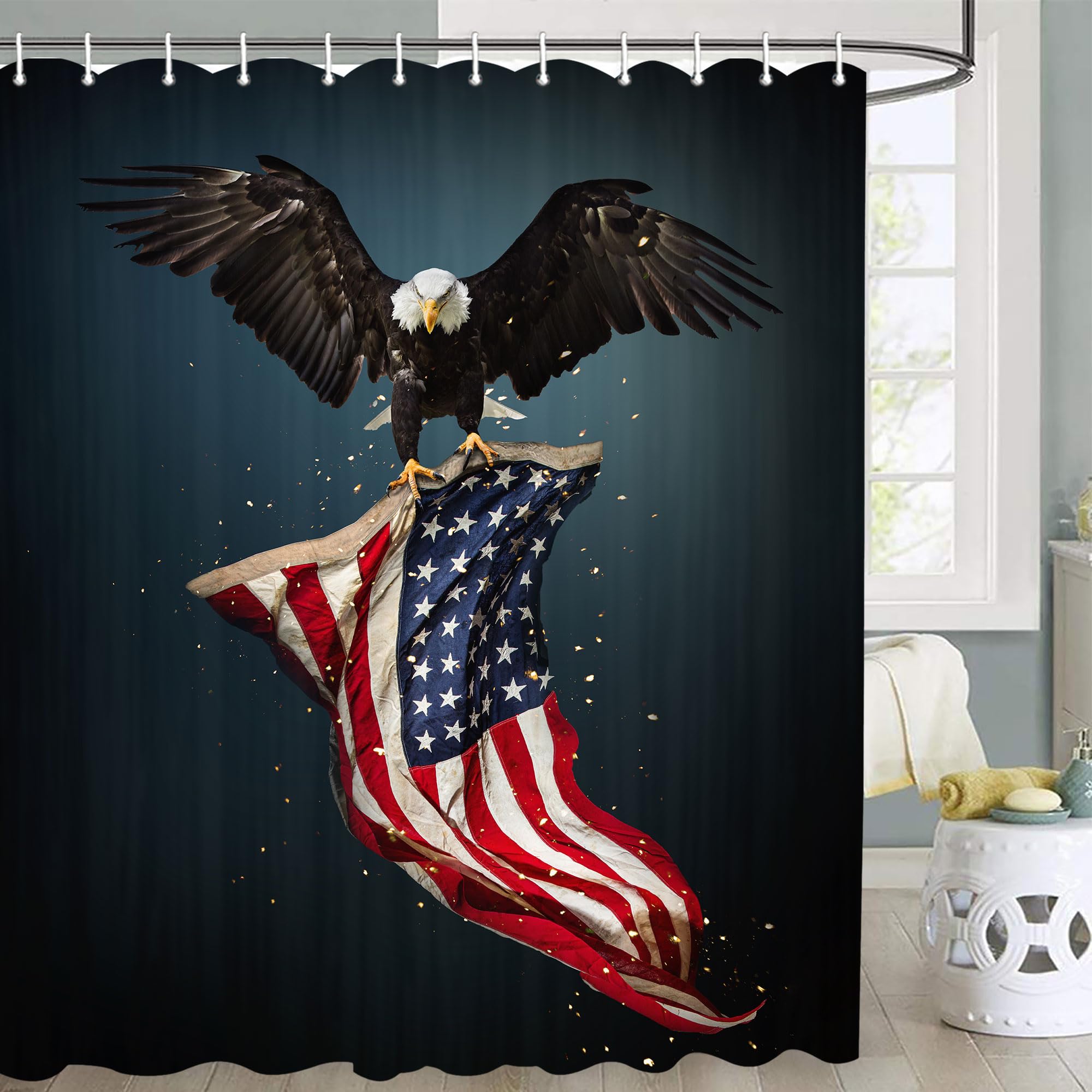 Viajar American Flag Shower Curtain 4th of July USA Eagle Independence Day Shower Curtain Patriotic USA Flag Waterproof Fabric Bath Curtains Set with 12 Hooks 72 X 72 Inch