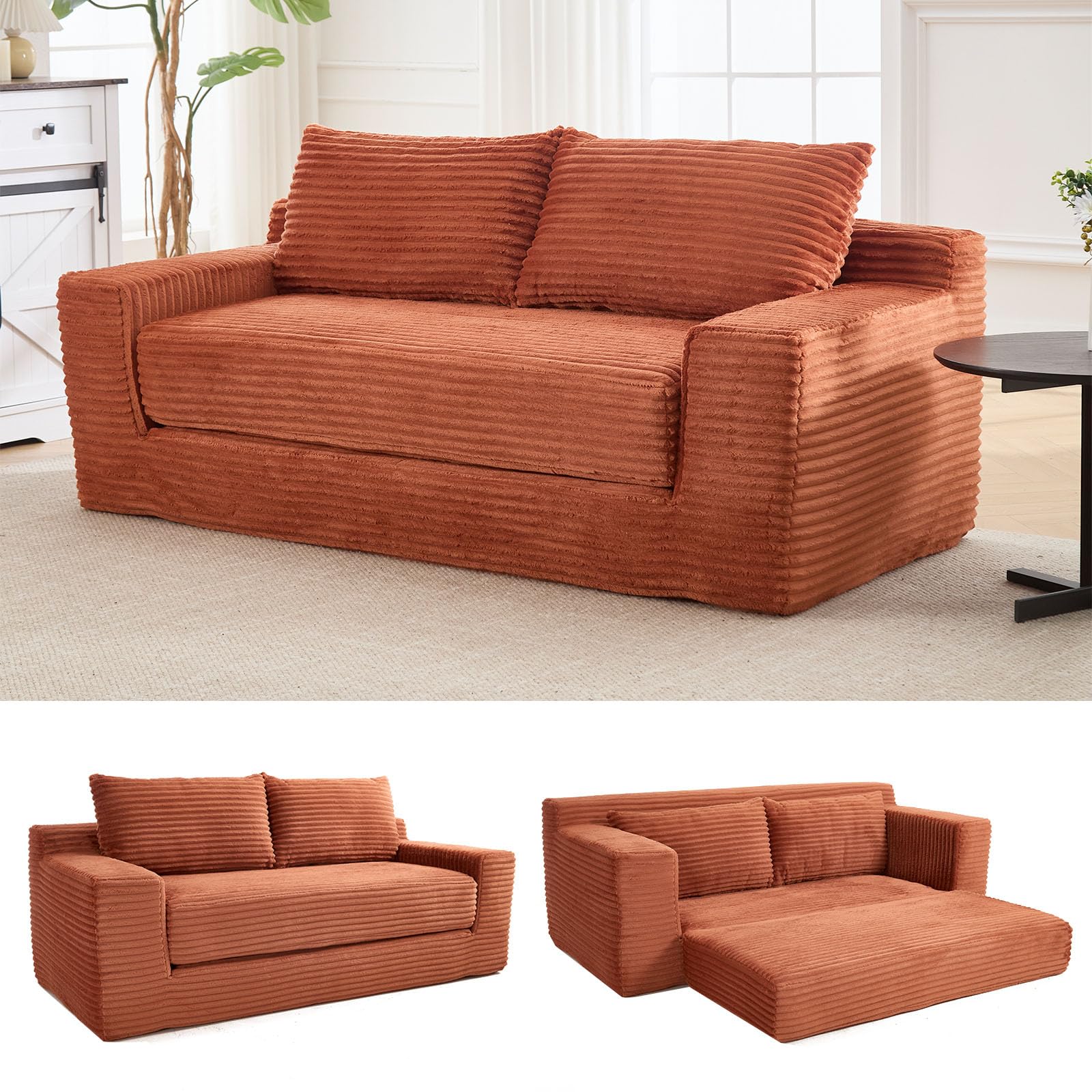 2 in 1 Convertible Sleeper Sofa Bed 72 Corduroy Loveseat Sofa w 2 Pillows Oversized Chaise Lounge Chair