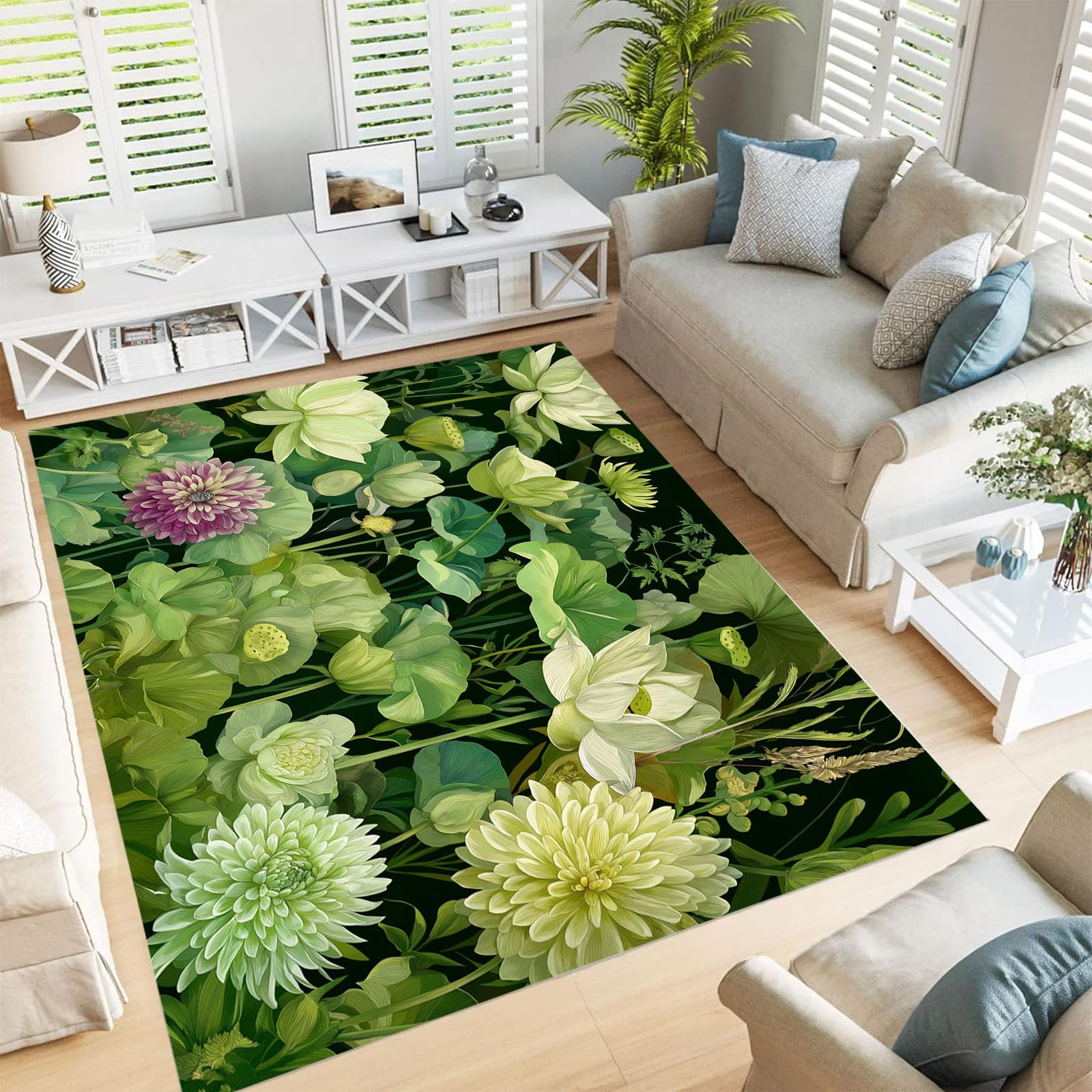 Tapis chrysanthème vert forêt pour salon canapé et chambre de dortoir
