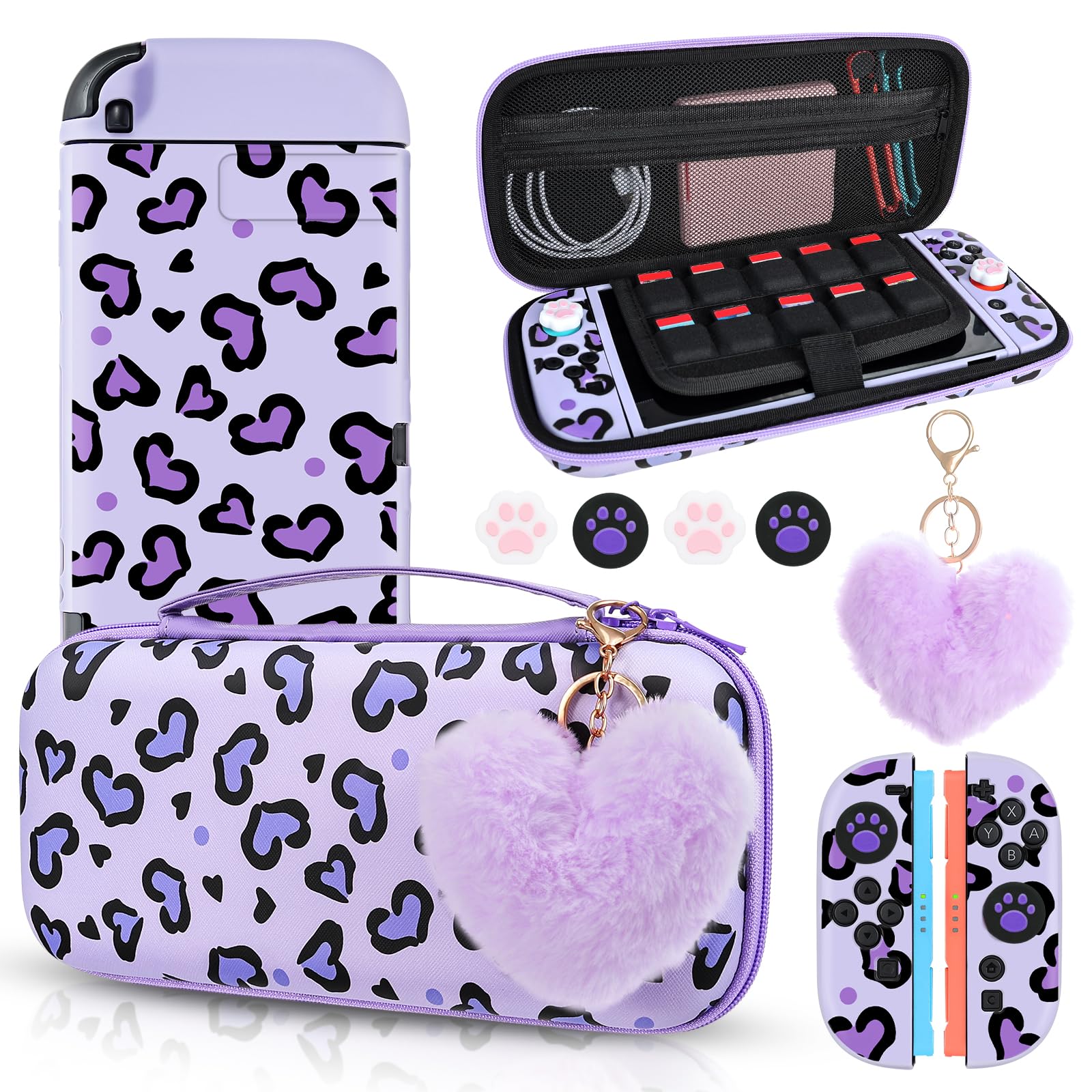 DLseego Carry Case for Switch 2,Heart Leopard Portable Storage Travel Game Carrying Case with NS 2 Dockable Protective Cover,4PCS Thumb Grip Cap and 1PC Plush Heart Charm,Purple