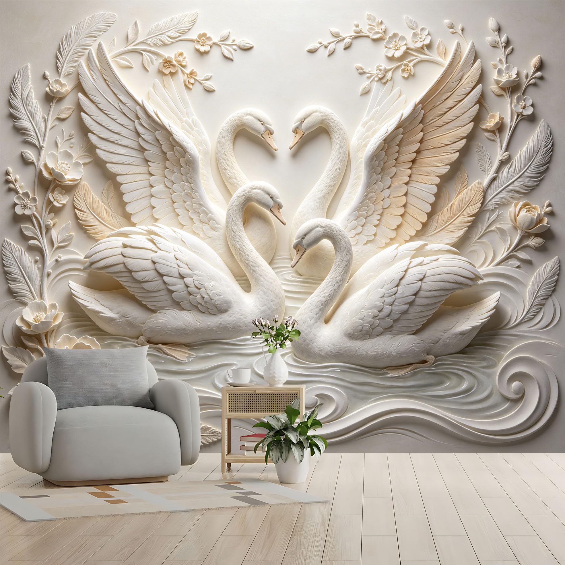 Biały łabędź kwiatowy mural elegancki łabędzie jezioro efekt tłoczenia włóknina tapeta luksusowa europejska para łabędzia botaniczna fototapeta 159 x 280 cm kremowa biała dekoracja ścienna do salonu