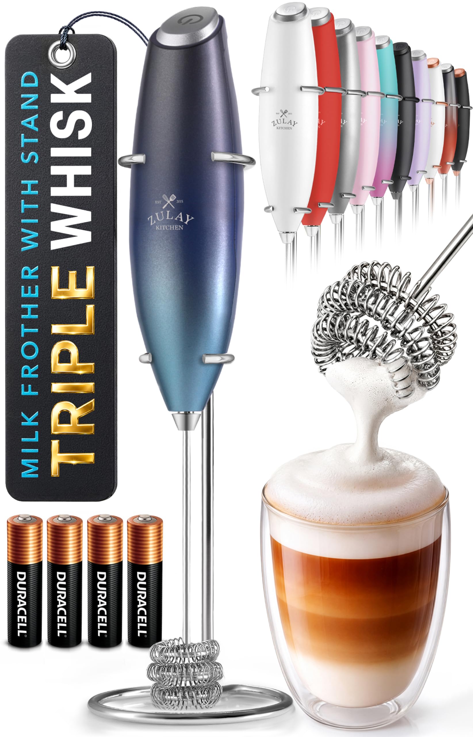 Zulay Kitchen Powerful Milk Frother Wand With Duracell Batteries - Ultra Fast Handheld Drink Mixer - Electric Whisk Foam Maker for Coffee, Lattes, Cappuccino &amp; Matcha - Triple Whisk - Ocean Depth