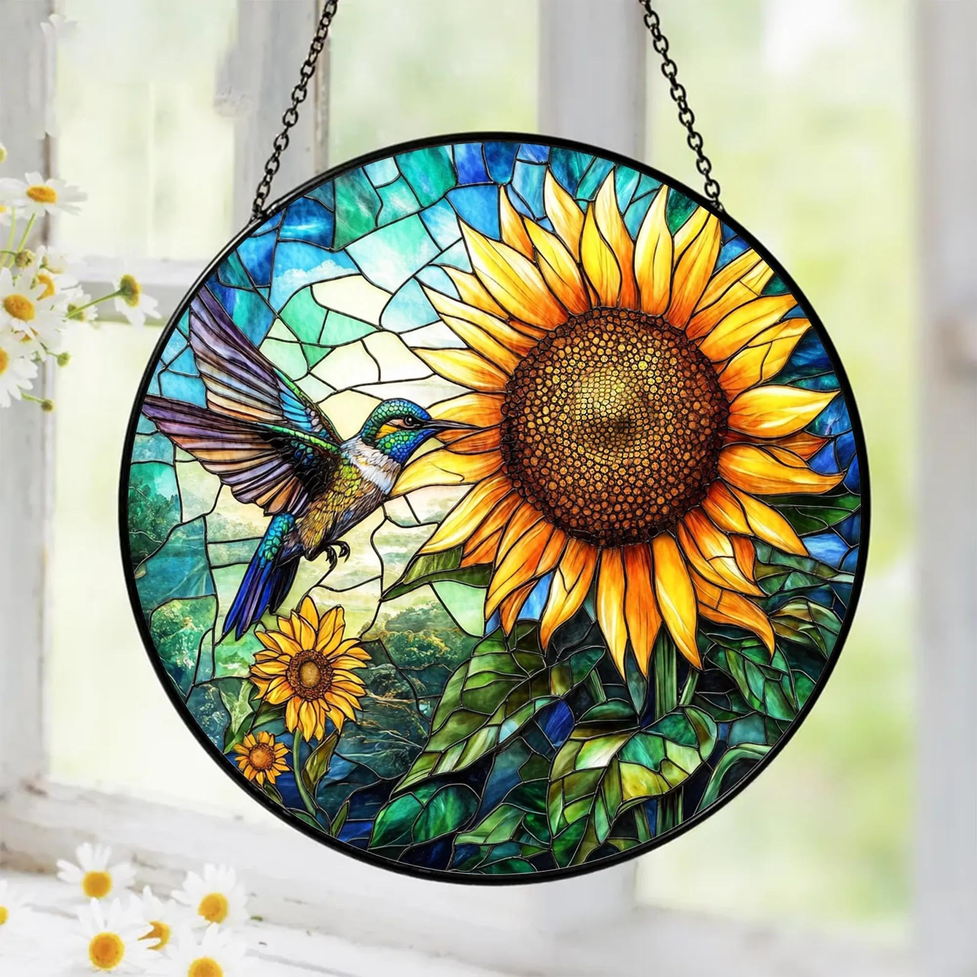 Hummingbird Stained Glass Suncatcher, Sunflower Window Hanging Stained Glass Suncatcher Hummingbird Window Hanging Garden Decor for Mom, Grandma,