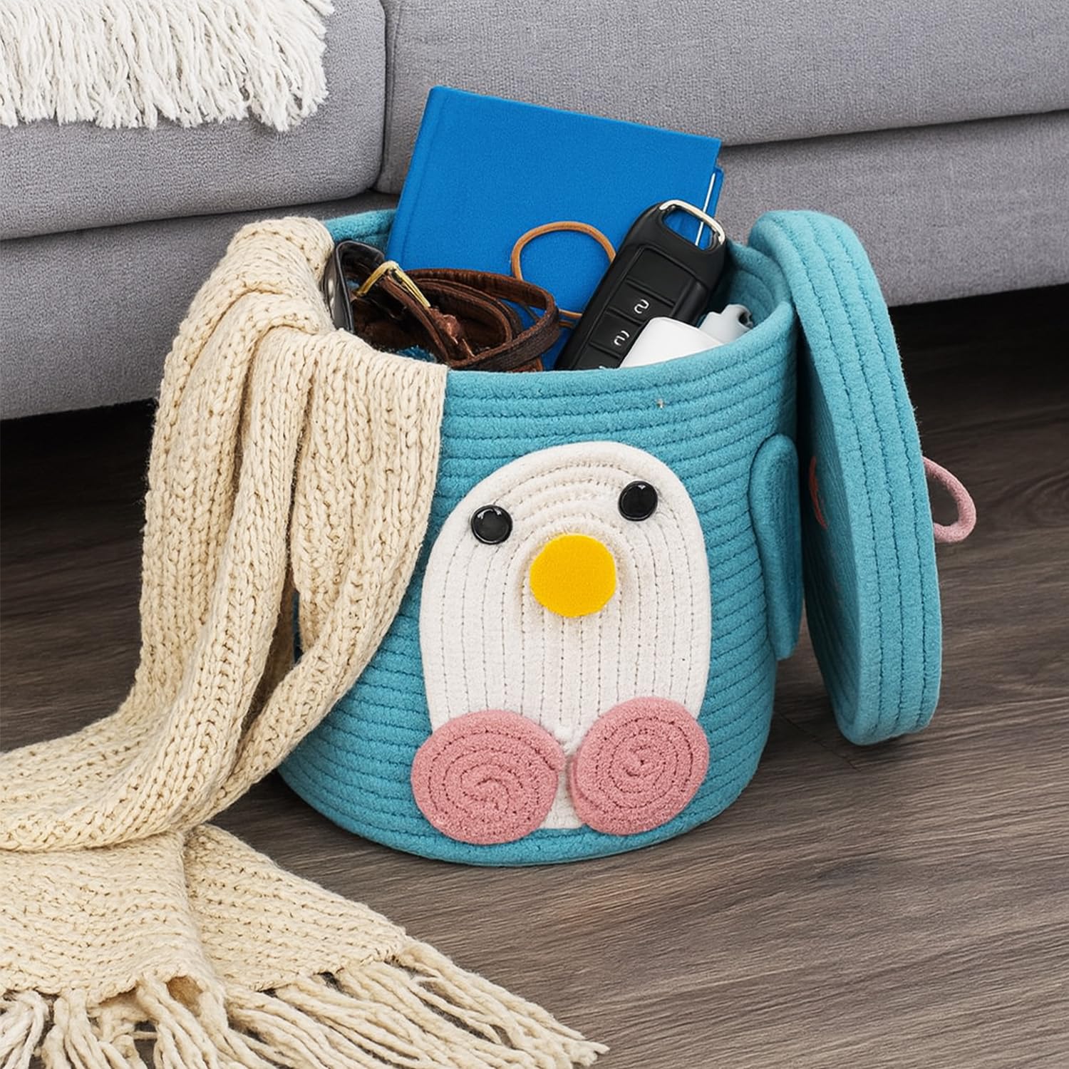 BIANCO Tall Cotton Rope Storage Basket with Lid | Cute Penguin Design Multipurpose Organizer Bin for Toys, Baby Supplies & Laundry | Durable, Foldable Decorative Storage Box Product Image 3
