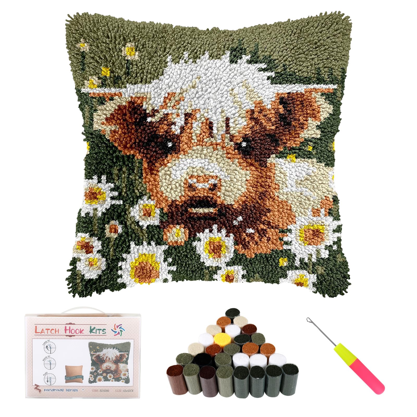 RHAIQBVC Highland Cow Latch Hook Kits, 17x17in Cute Animals Latch Hooks Pillow,DIY Crochet Cushion Cover with Yarn Hook, Handmade Craft Gift for Adults Beginners(Highland Cow)