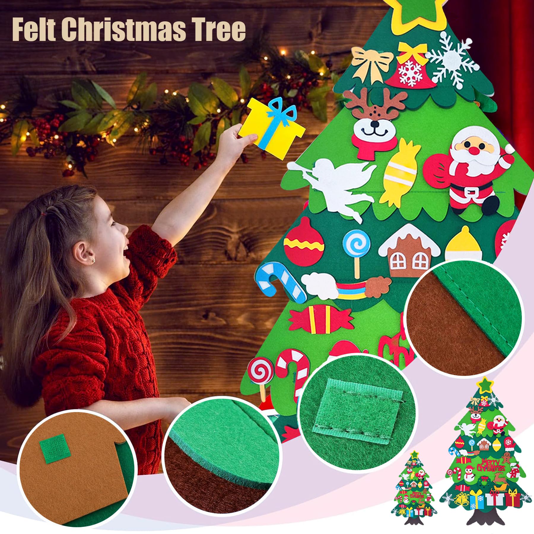 CLHXWU Feltro Albero Natale,100 cm Alto Albero di Natale in Feltro per Bambini,DIY Albero Natale Feltro Con 32 Staccabili Ornamenti Natalizio,Regali di Natale per Bambini (A)