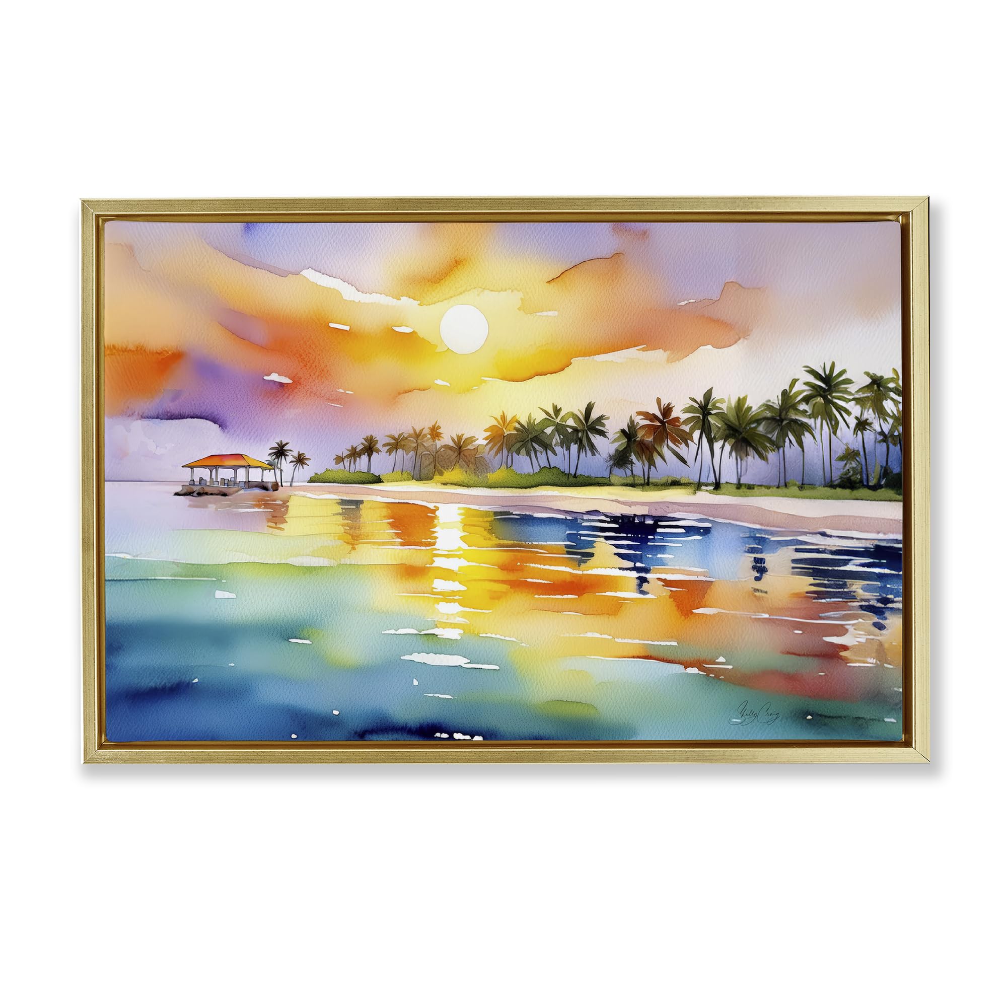 Stupell Industries 'Caribbean Calm Sunset', Floating Frame Canvas Art, Gold, 31 x 21 Inches, Easy to Hang and Sturdy, Made in USA, by Shelly Craig