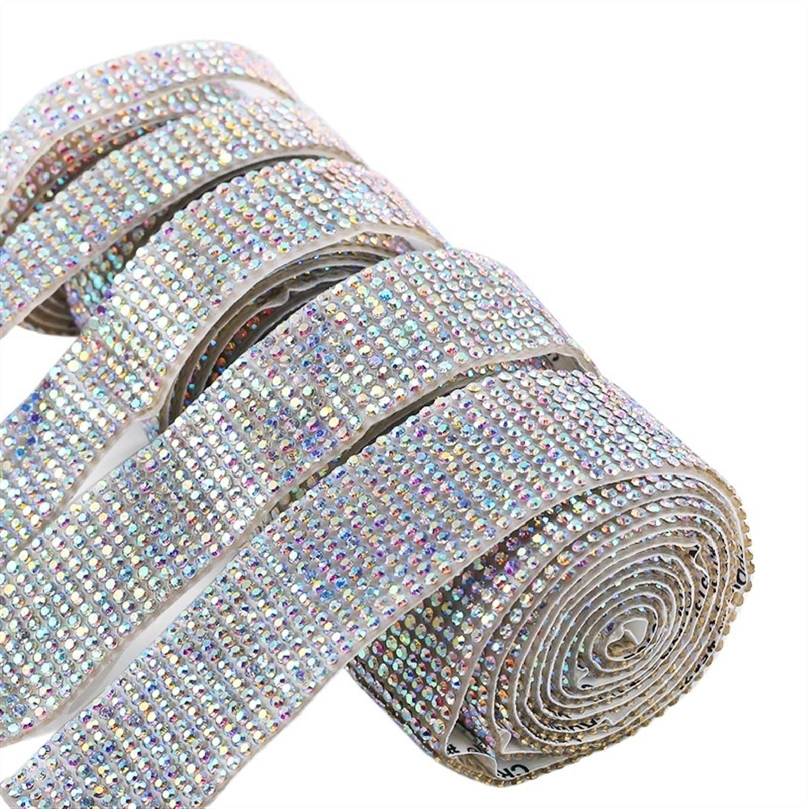 ACiyD Mehrzweck 4 Rollen Selbstklebende Strasssteine Trim Set Ribbon Glitter Glänzendes Kristallband Kette Autokleidung Strass Dekorationen für Geschenkverpackungen Handwerk (Color : Clear) (Clear)