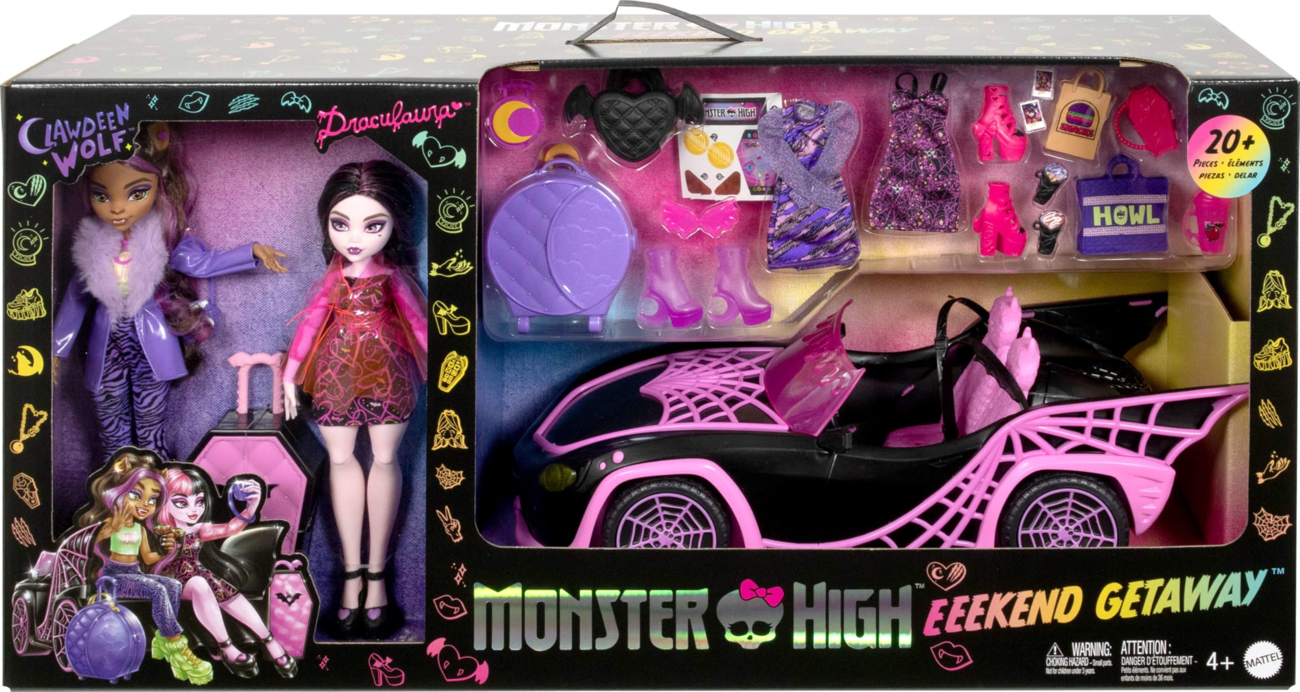 Monster High Eeekend Getaway zestaw do zabawy z lalkami Draculaura i Clawdeen Wilk, pojazd i 20+ akcesoria