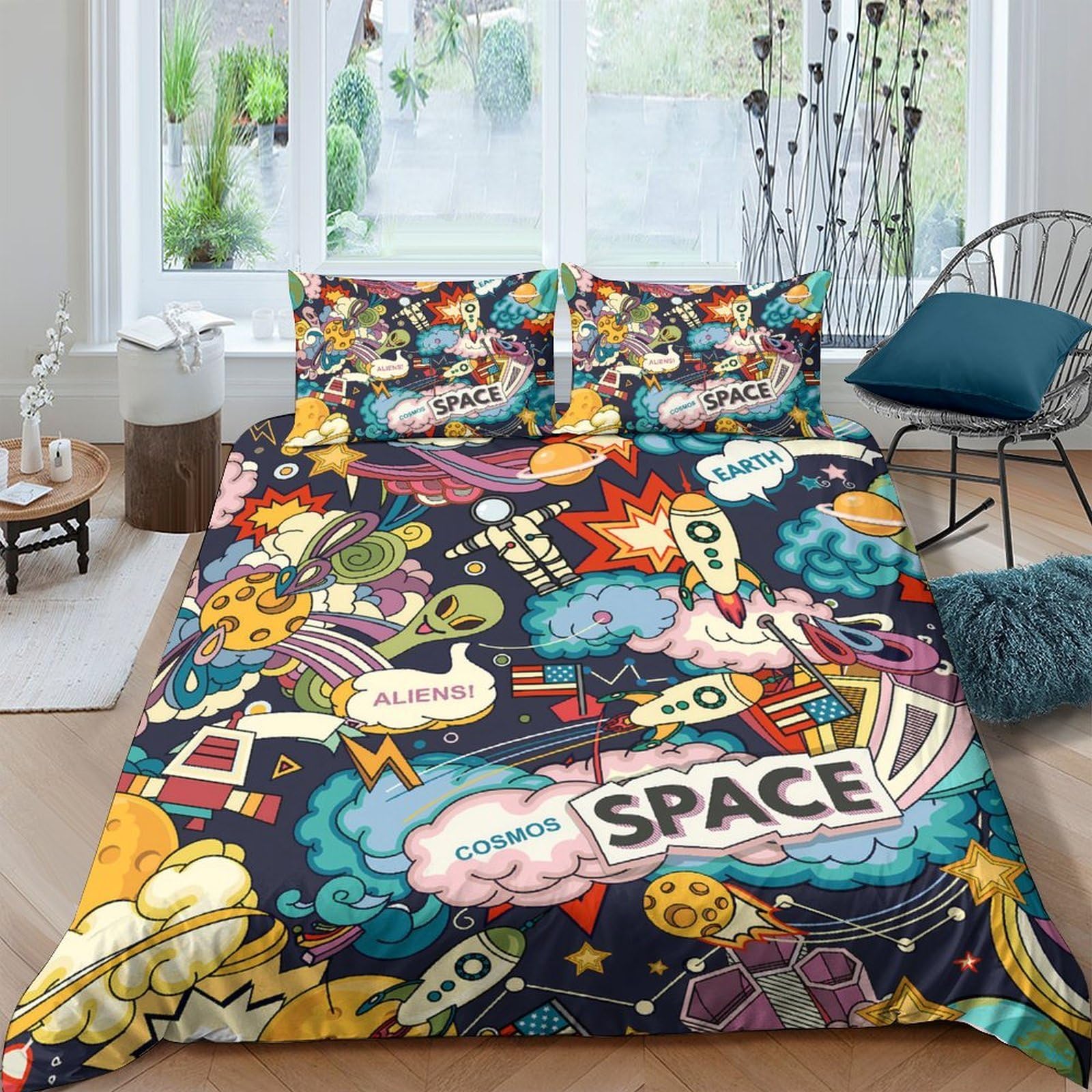 Ctjqhvkz Style-4 3D Printed Cartoon Rocket Fitted Sheet Microfiber Space Comic Mattress Cover For Bedroom Dorm Decorative Protection Single（135X200cm）