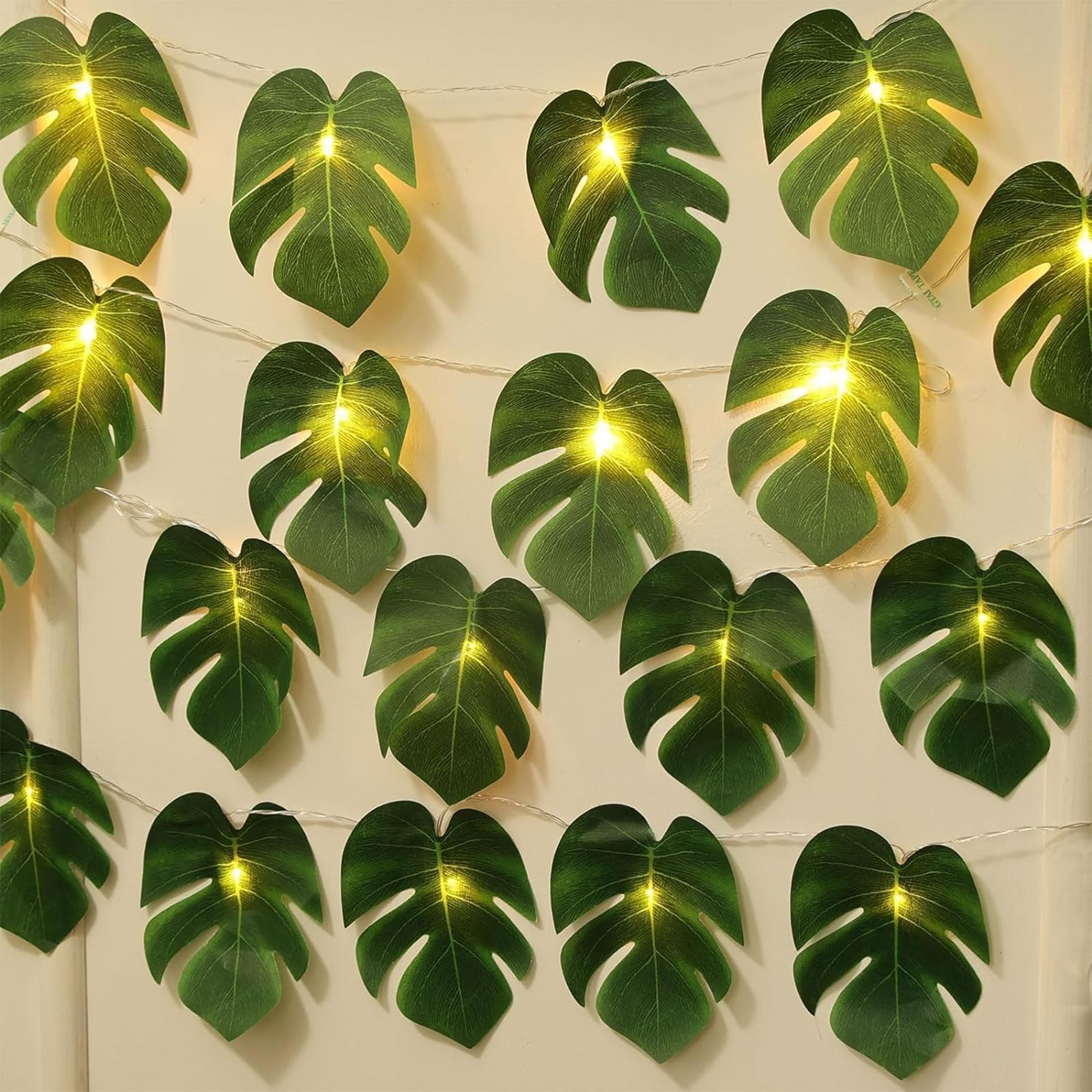 Fairy Lights Palm Leaves, 3 m, 20 LED Leaves, Fairy Lights, Battery Operated, Monstera Leaf Fairy Lights, Tropical Artificial Rattan Palm Leaves, for Hawaiian Party, Summer Parties, Beach Decoration — image 1