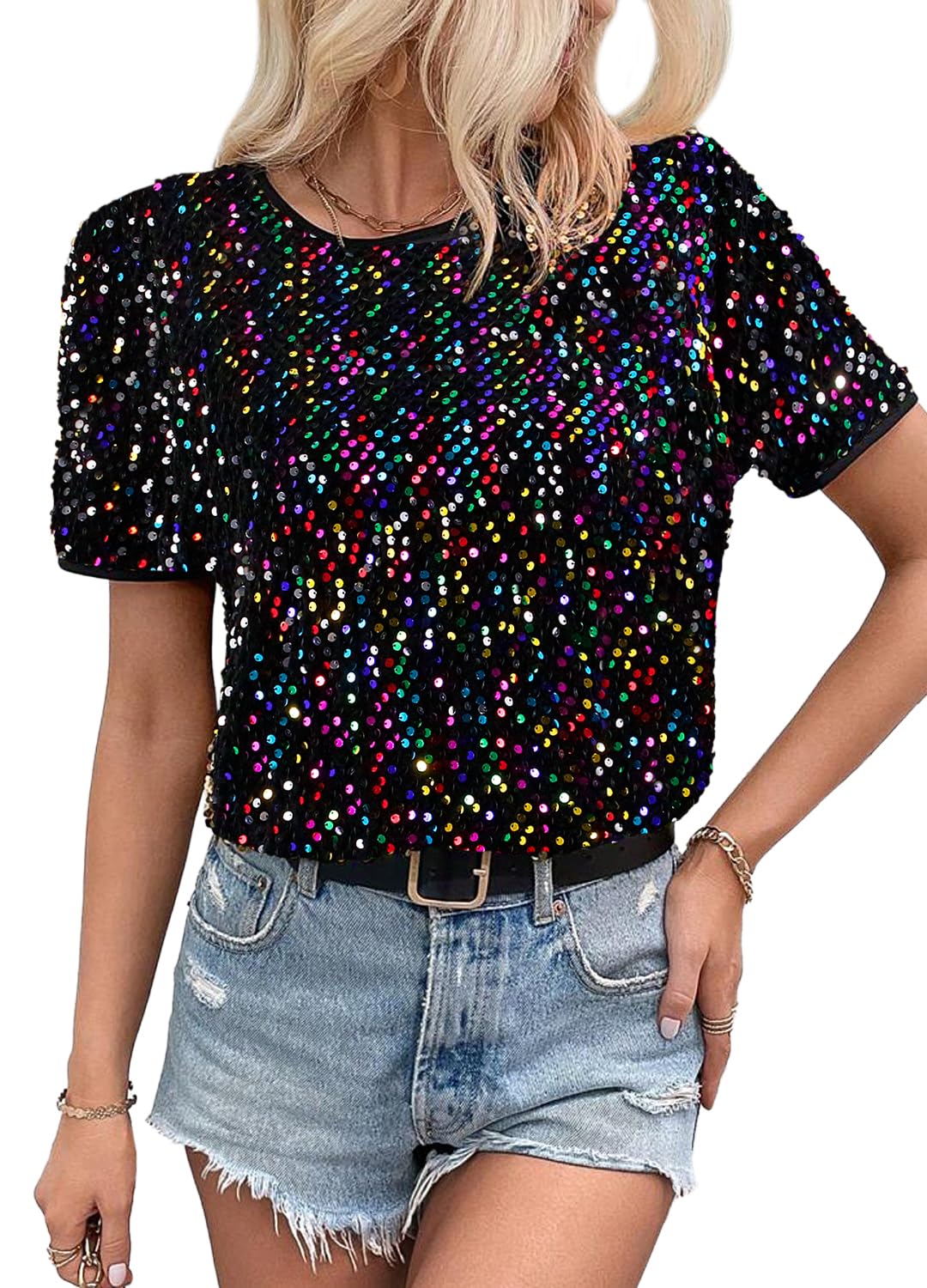 T-shirt décontracté à manches courtes pour femme avec paillettes scintillantes