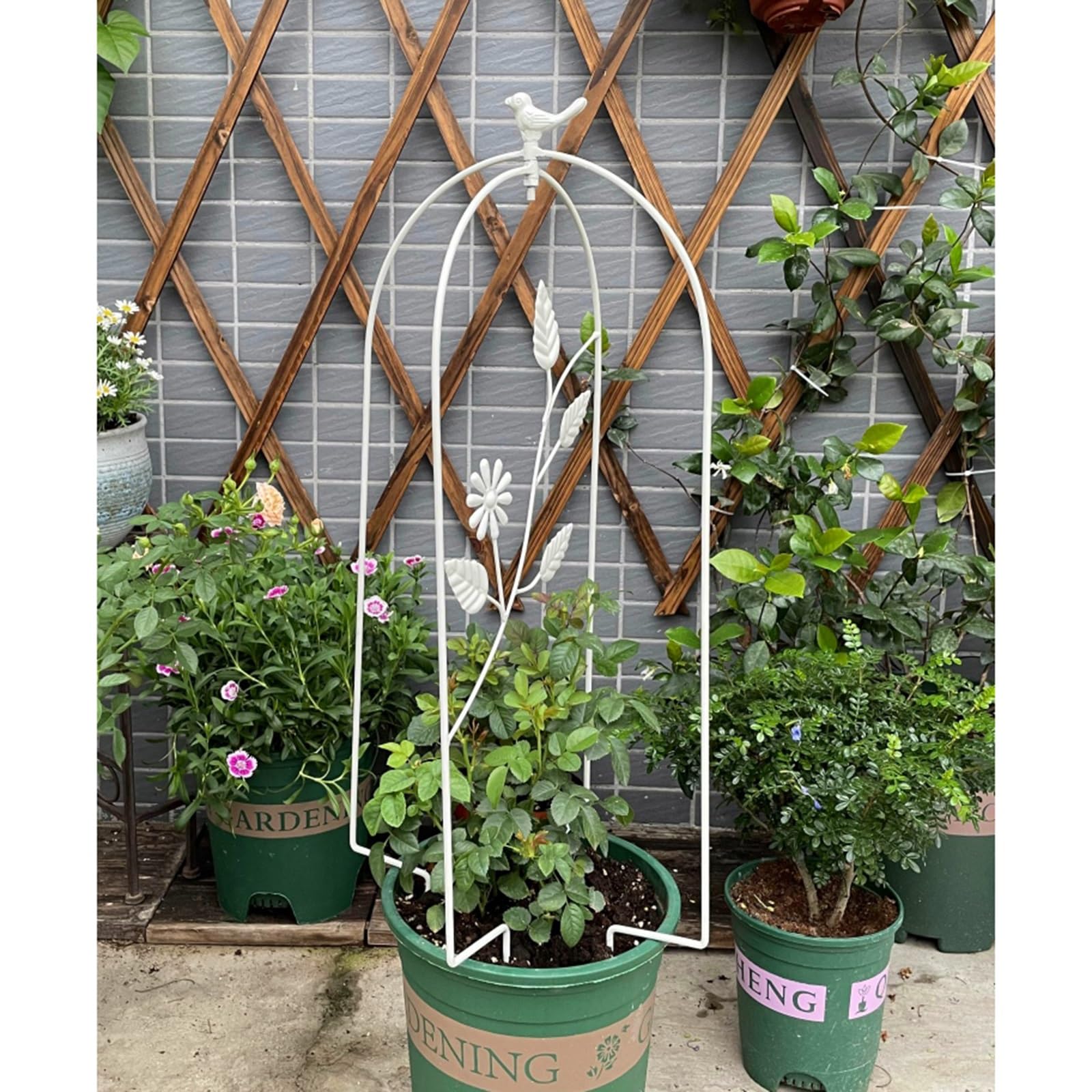 Metal Trellis Retro Old Wrought Iron Garden Trellis w/Leaf Vine Bird, for Lawn, Garden, Backyard, Climbing Plants (Color : White, Size : B- (70CM/27.6in))