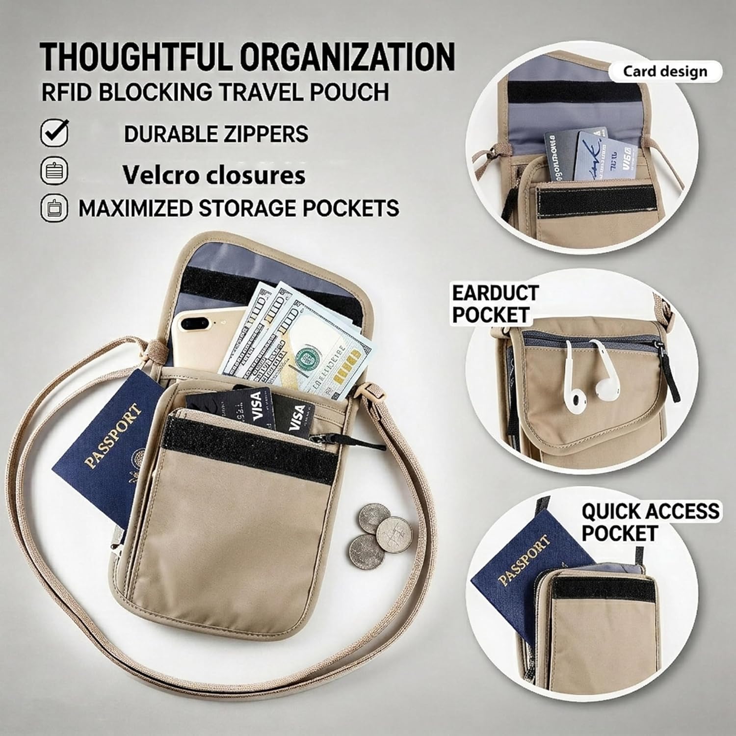 RFID Blocking Neck Wallet – Large Capacity Travel Passport Holder for 5–6 Passports, Waterproof Anti-Theft Hidden Travel Pouch with Strong Zipper & Adjustable Strap for Phone, Cash & Cards