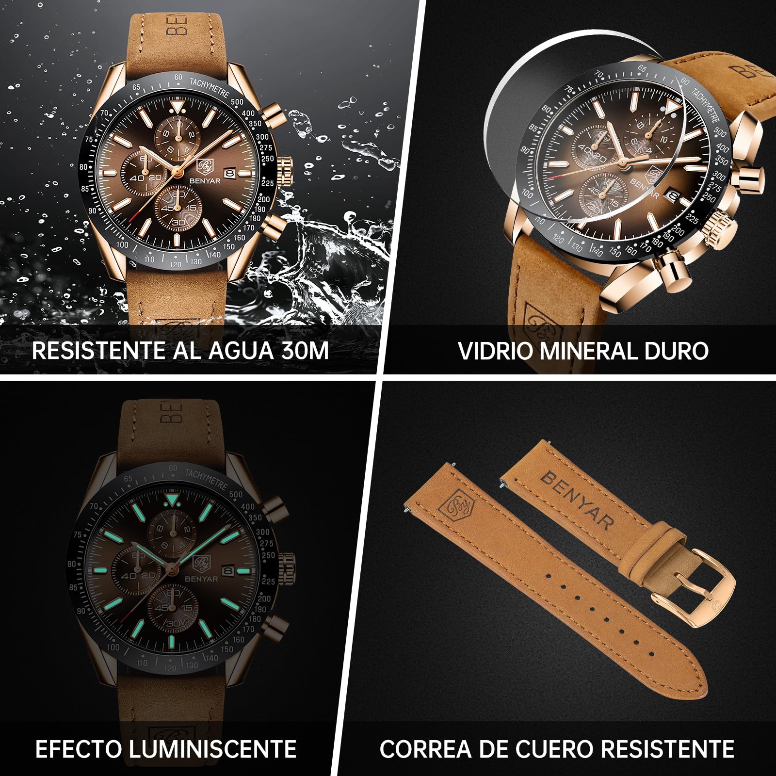 BENYAR, Relojes Hombre, Movimiento Cuarzo, Cronógrafo, Correa Piel/Acero/Silicona, Diseño Deportivo Negocio Moda, 30M/50M Impermeable, Resistente a los Arañazos, Regalos Elegantes para Hombres