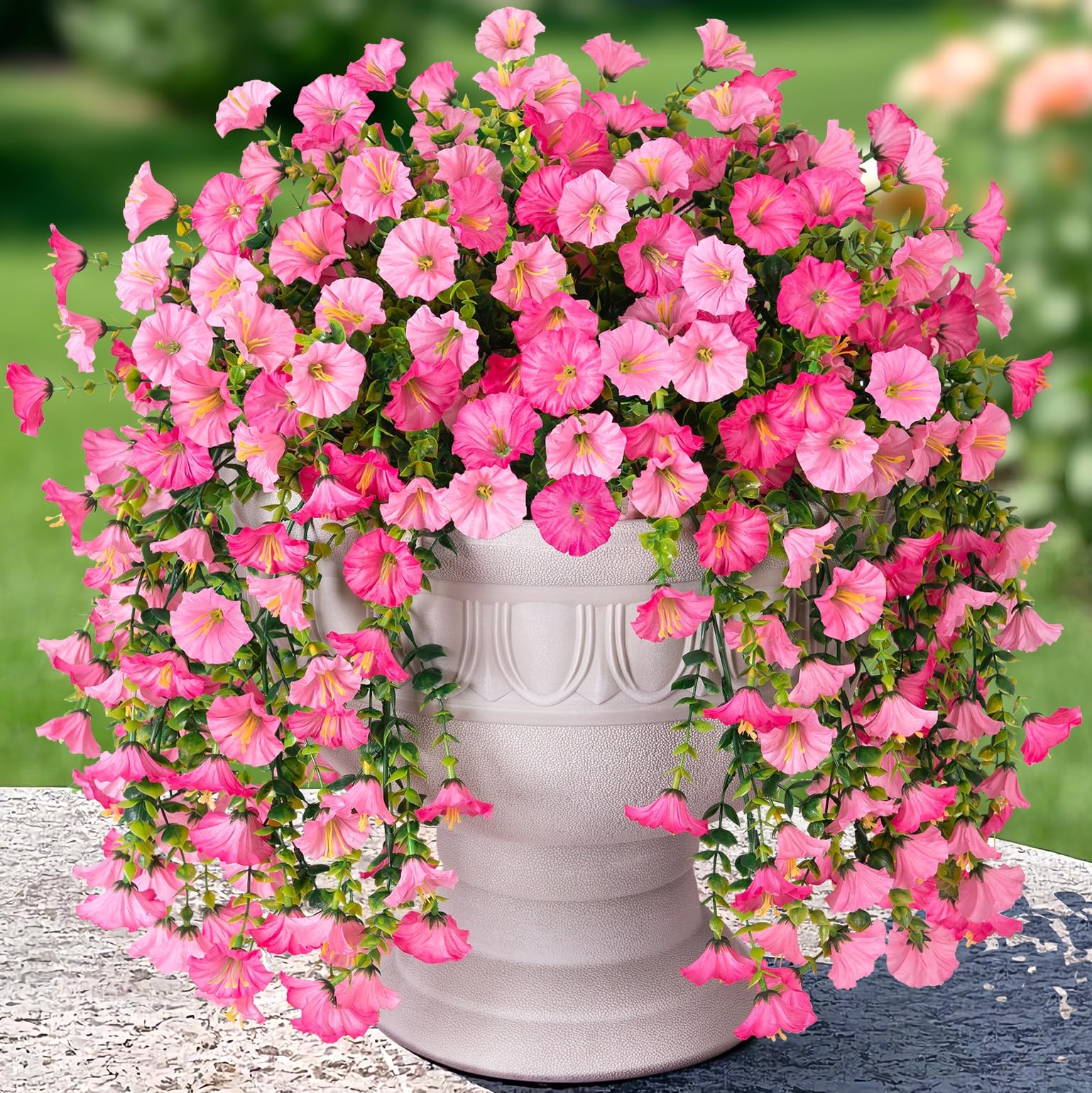 2 PCS Artificial Faux Hanging Flowers Plants for Outdoor Decor,Fake Silk Morning Glory with Eucalyptus UV Resistant Realistic Vine for Wall Home Porch