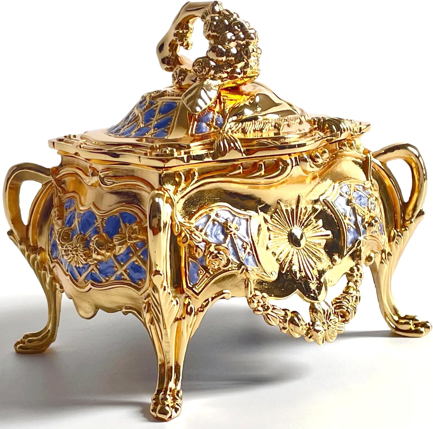 Truewon Metal Jewelry Chest Grapevine Handle Country Style Box Trinket Storage Ring Case Treasure Keepsake Gift for Girl (Silver Cyan, Medium)