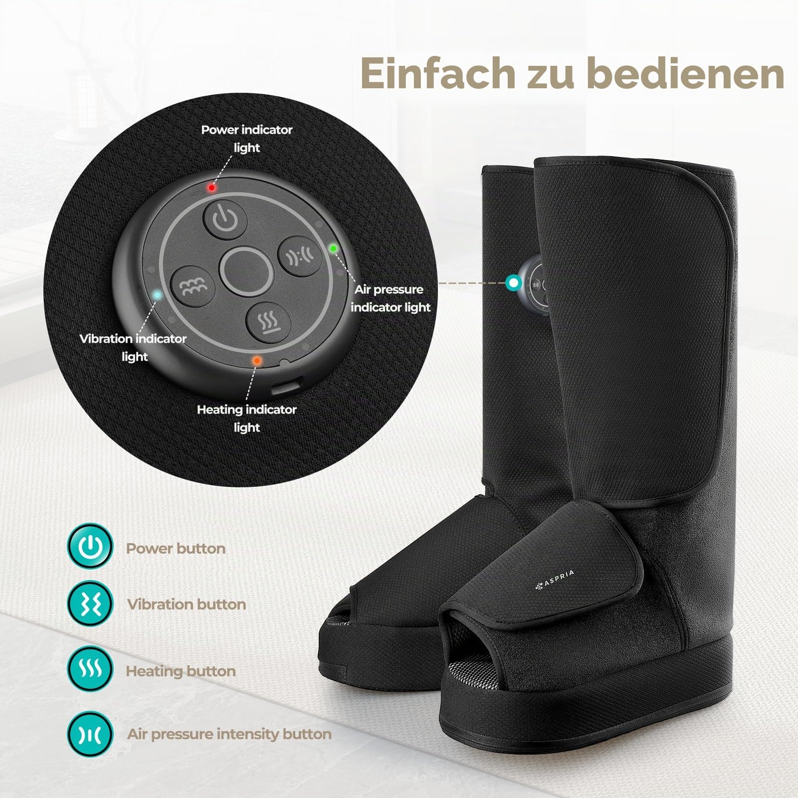 Fußmassagegerät, 2-in-1-Waden-Fuß-Massagegerät mit Luftkompression, Vibration und Wärmetherapie, Bein-Fuß-Massage-Stiefel für geschwollene Beine, Ödeme, kabelloses Design (Schwarz)