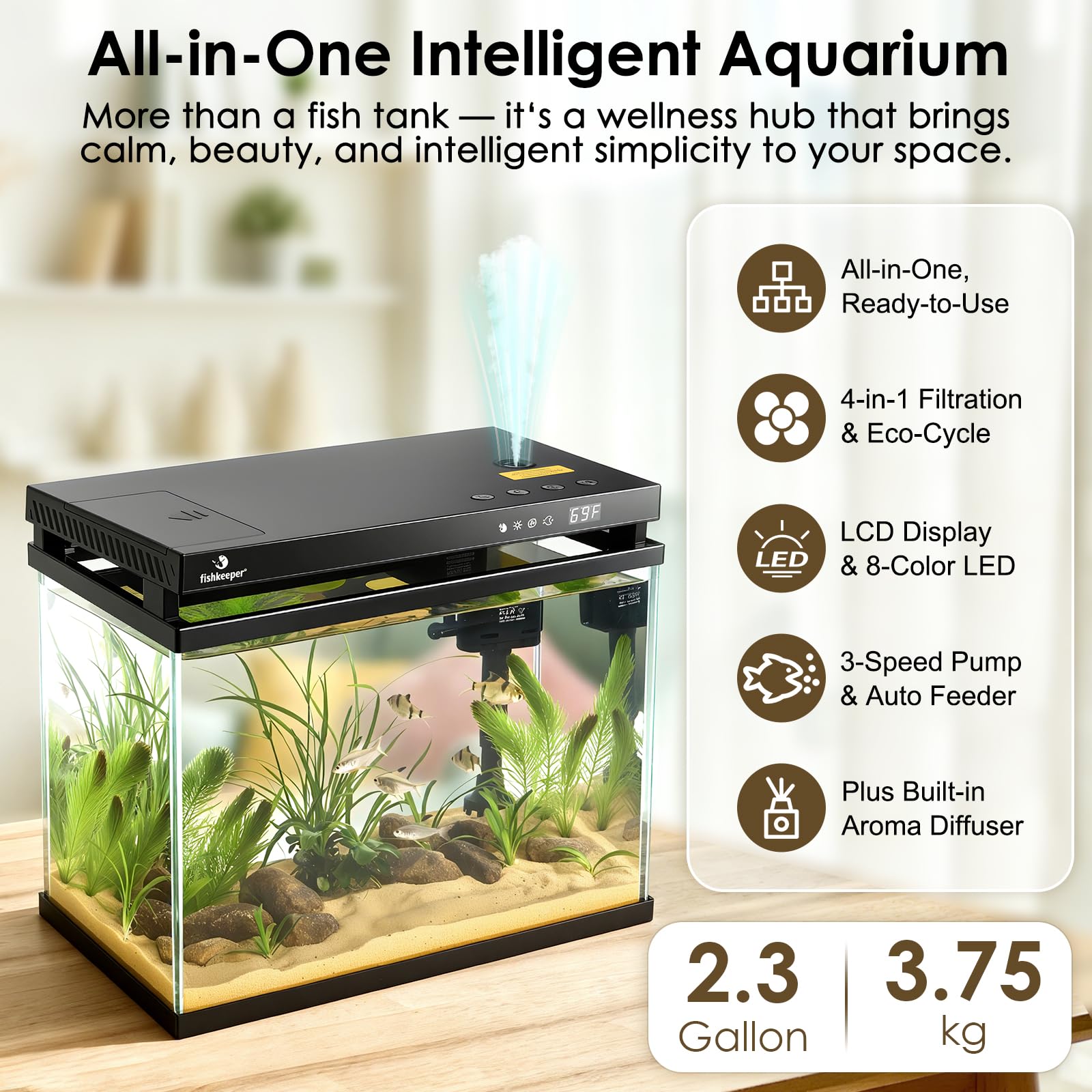 fishkeeper Acuario inteligente de 2.3 G, kit de pecera de vidrio HD con alimentador automático, bomba de filtro silencioso autolimpiable, aromaterapia, visualización de temperatura y luces RGB de 7