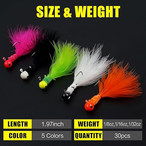 Miniatura 4 de Crappie Jig - Señuelos de pesca, 30 piezas de plumas de marabú, anzuelos de pesca de mosca de hielo, atados a mano, 5 colores para peces de panfish