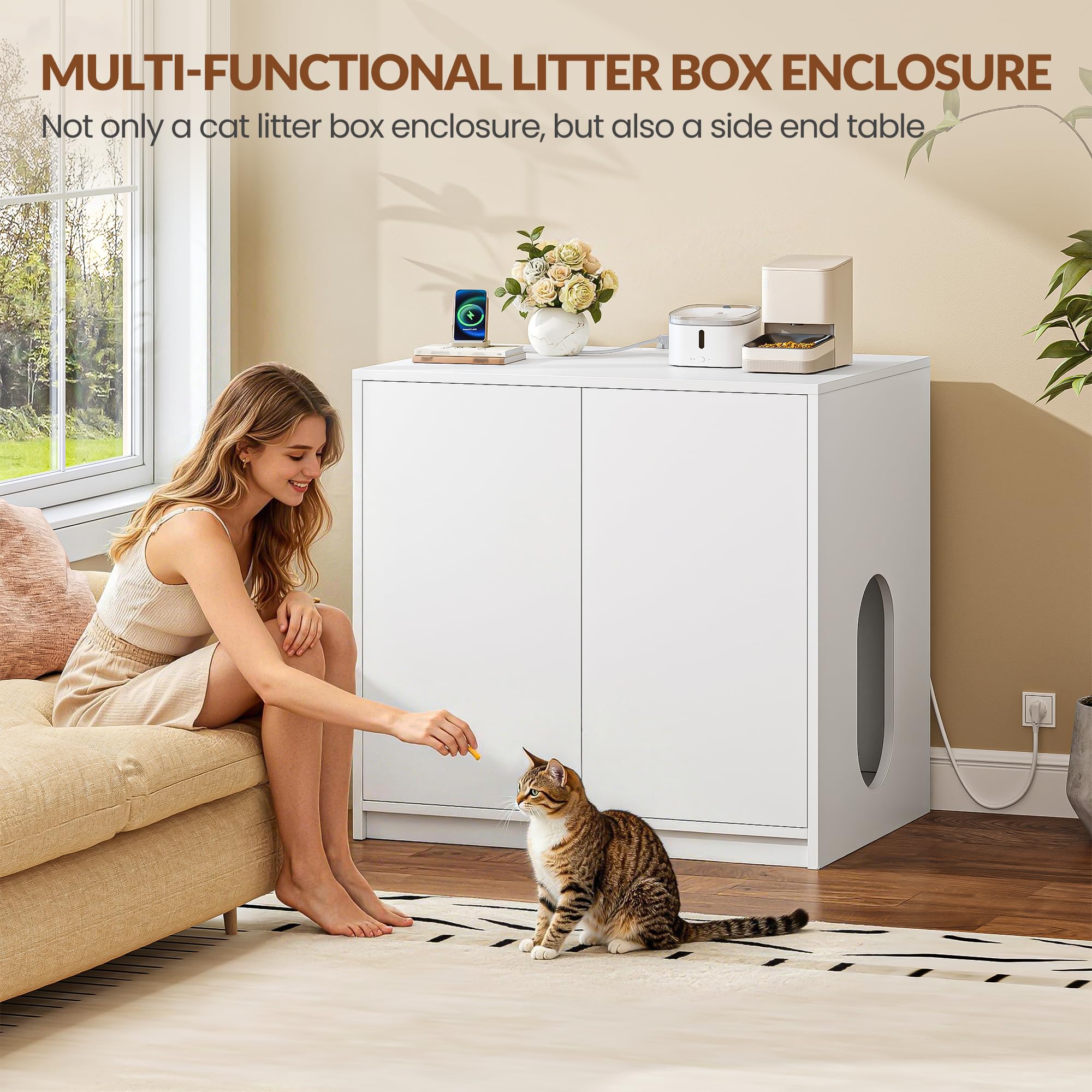 Mobile Lettiera per Gatti con Multipresa, 80 x 60 x 80cm, Bianco | Mobile per Lettiera Nascosta, Adatto per Lettiere Elettriche, Casetta per Gatti con Ingresso Laterale Regolabile FPCB202PW1EU