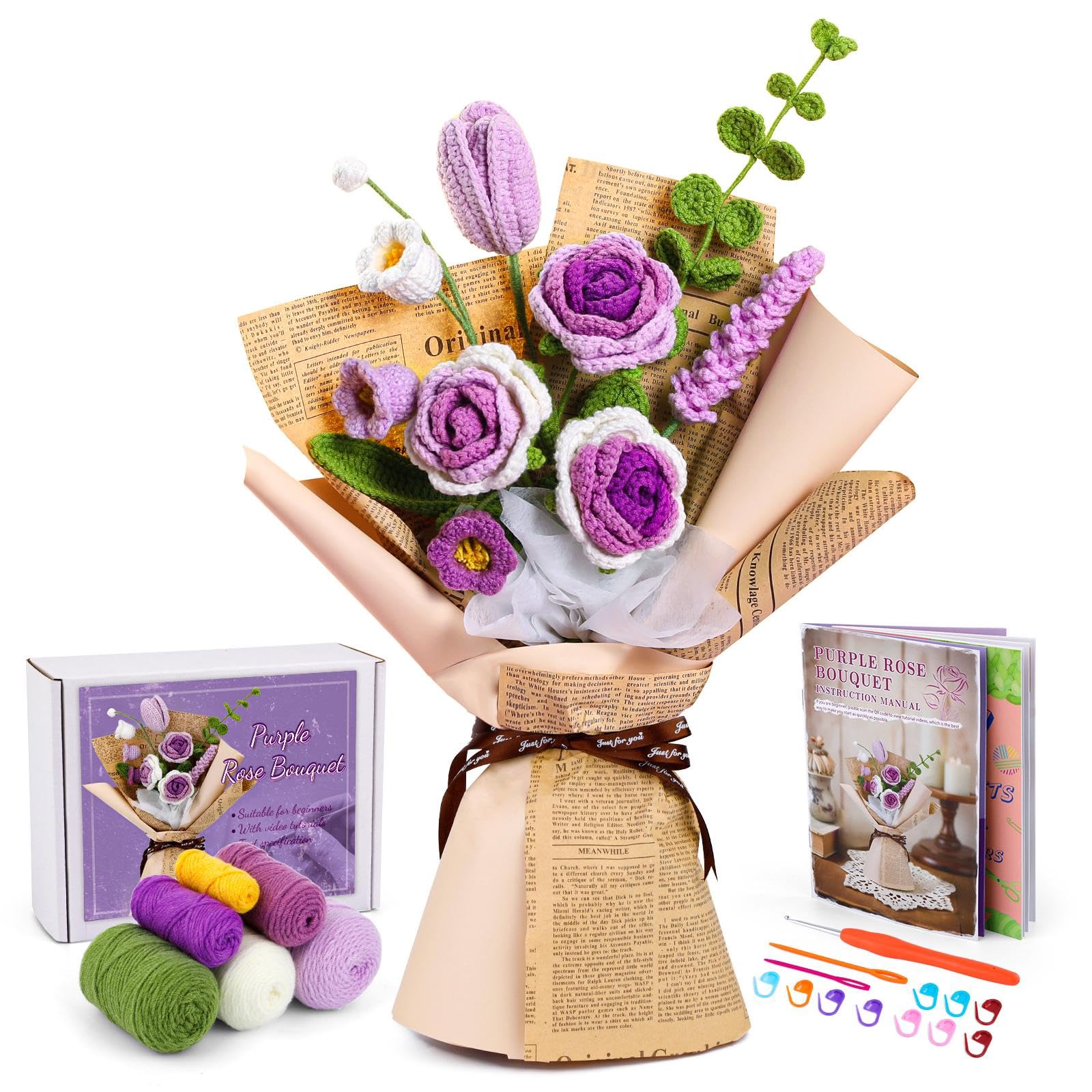 Beginner Crochet Flowers Kit - Purple Roses -1 Beginner Crochet Flowers Kit - Purple Roses -1