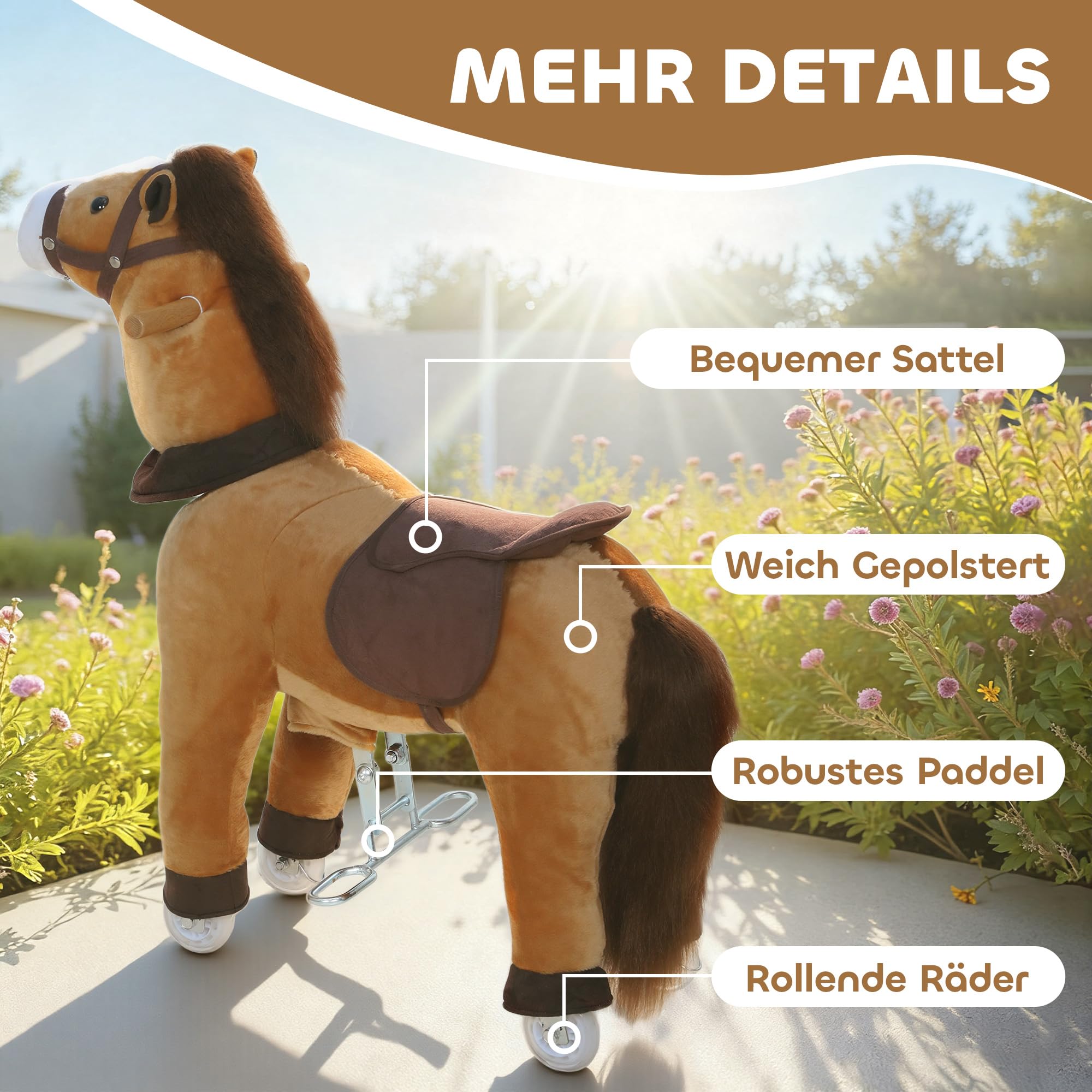 AIYAPLAY Reitpferd, Spielpferd zum Reiten mit Sattel Rollen, 75 cm Stehpferd, Plüschpferd für Kinder 3-5 Jahre, bis 25 kg, Dunkelbraun