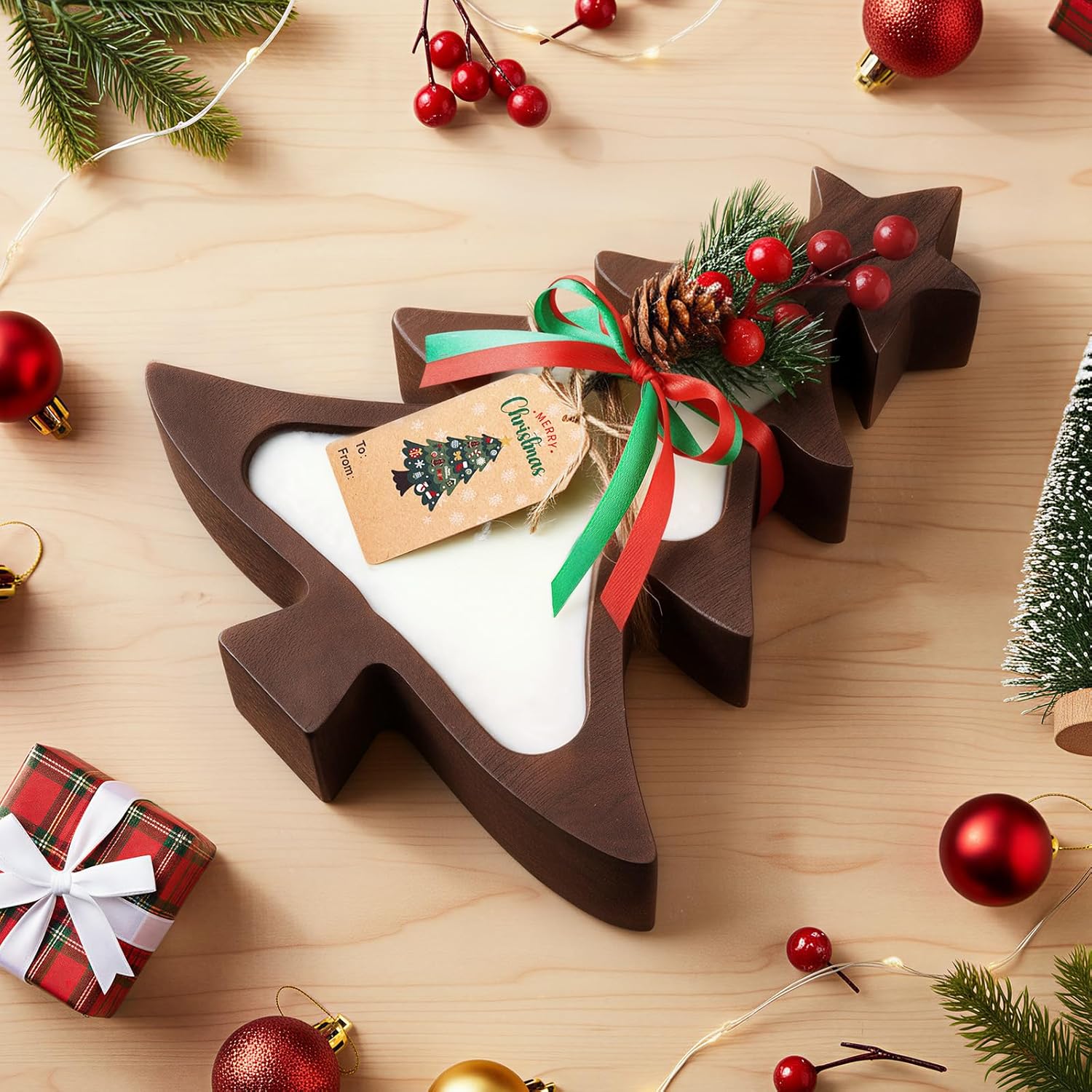 Potchen 1 Set Wooden Christmas Bowl Candle Gifts 14oz Large Rustic Wood Christmas Dough Bowl Candle with Berries Pine Label for Xmas Farmhouse Table Centerpiece Decor, 11.81 x 9.84 in(Tree)