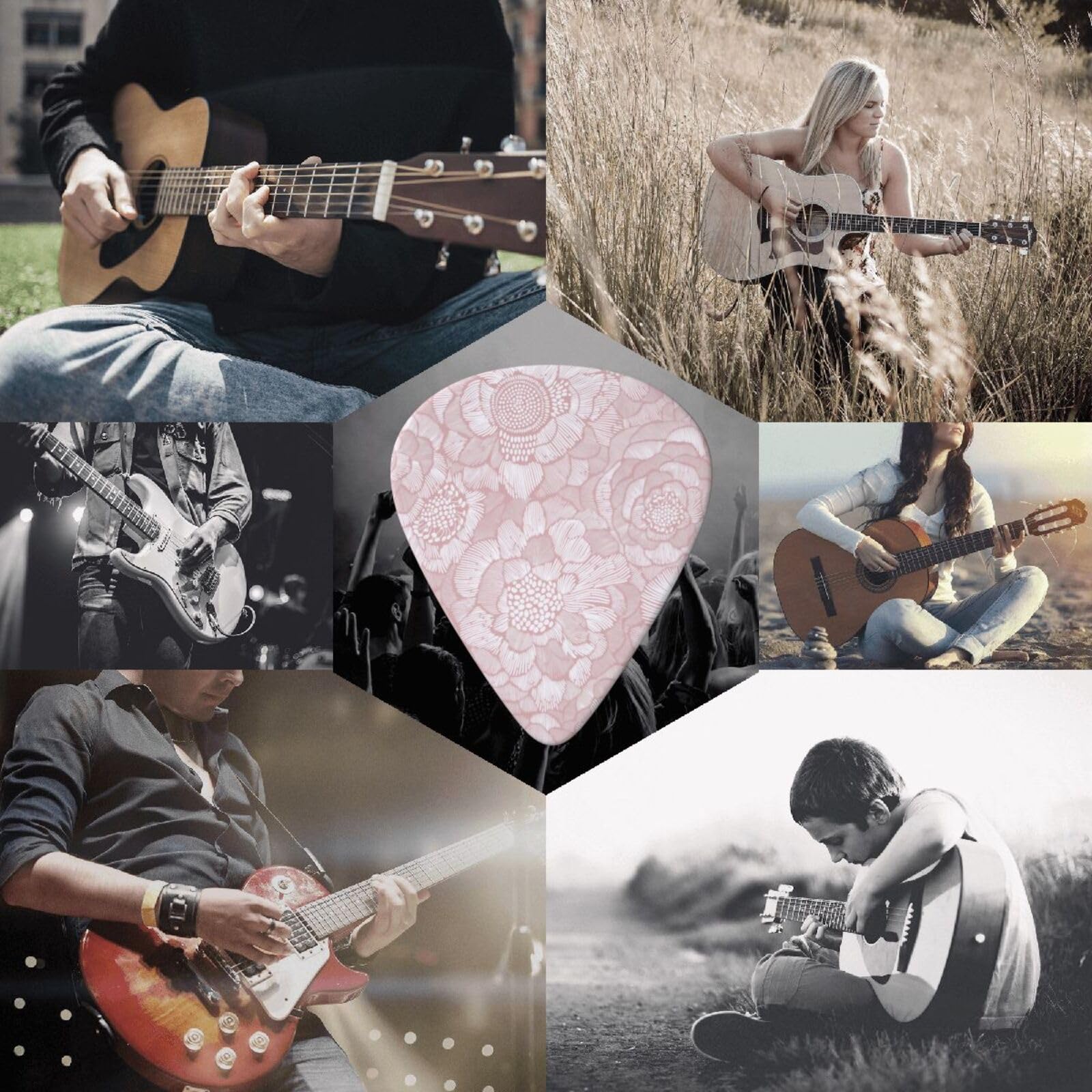 Plettri per chitarra, medi (0,71 mm), per ukulele elettrico e basso, 6 plettri unici per portare con sé una custodia, adatti per chitarristi amanti della musica, motivo floreale rosa