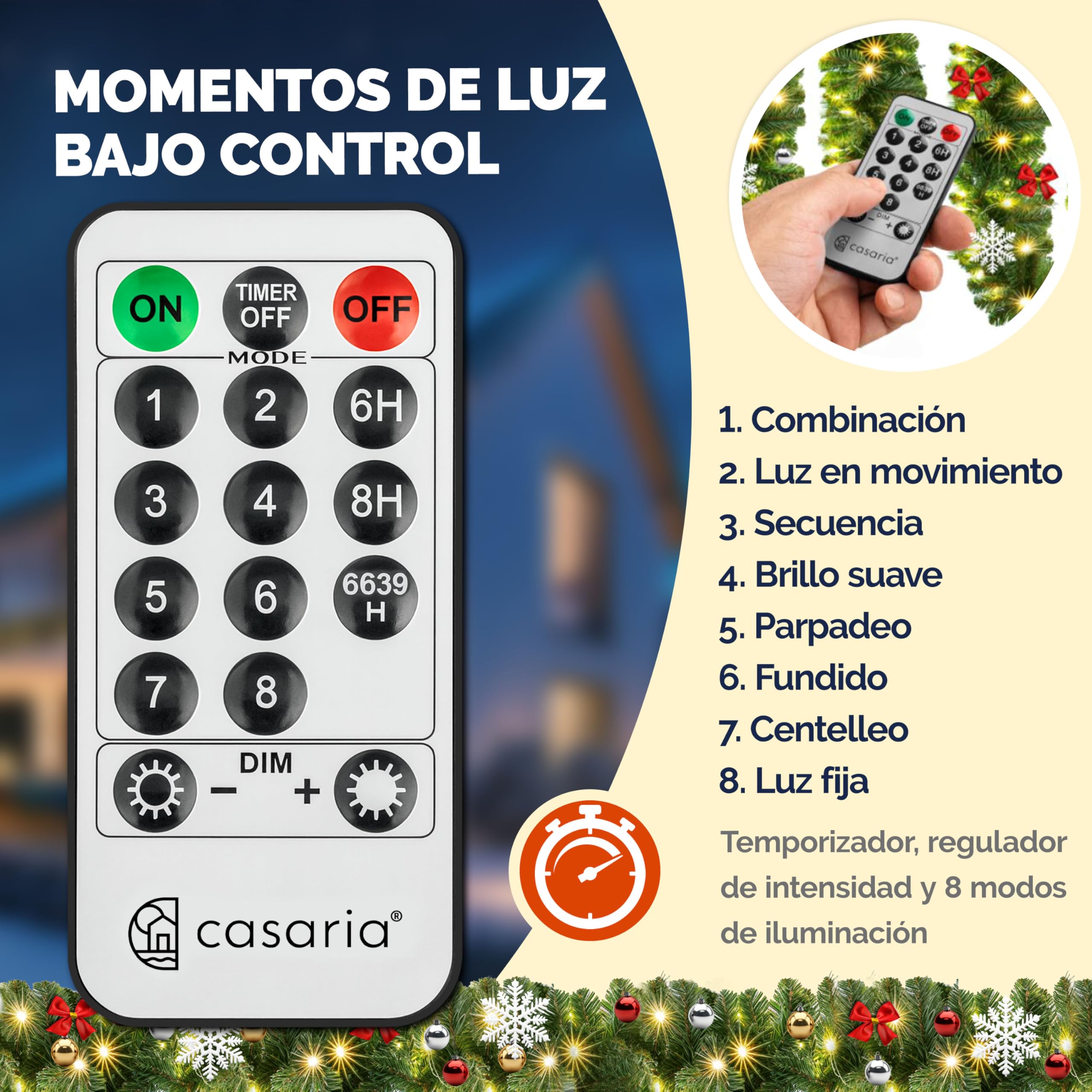 Casaria Guirnalda de Navidad Abeto 5m 80LEDs Blanco Cálido Incl. Mando a Distancia 7 Modos Luz y Decoración Navideña | Mando Distancia, 7 Modos Luz, IP44, Blanco Cálido, incl. Adornos, Resistente Intemperie, Decoración Exterior Interior
