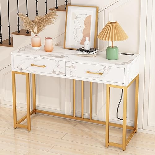 Miniatura 5 de Elegante mesa consola de metal dorado y mármol blanco con 2 cajones, muebles de entrada y sala de estar con enchufes y puertos USB