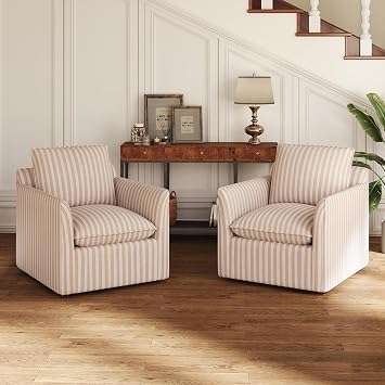 INZOY Swivel Accent Chair Set of 2, Upholstered Square Chair with Thick Padded Backrest Cushion, Swivel Reading Chair for Living Room Bedroom Small Spaces, Brown Stripe